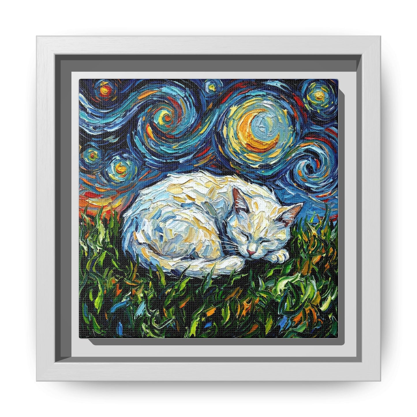 "Sleepy White Cat Night" Framed Canvas Wall Art