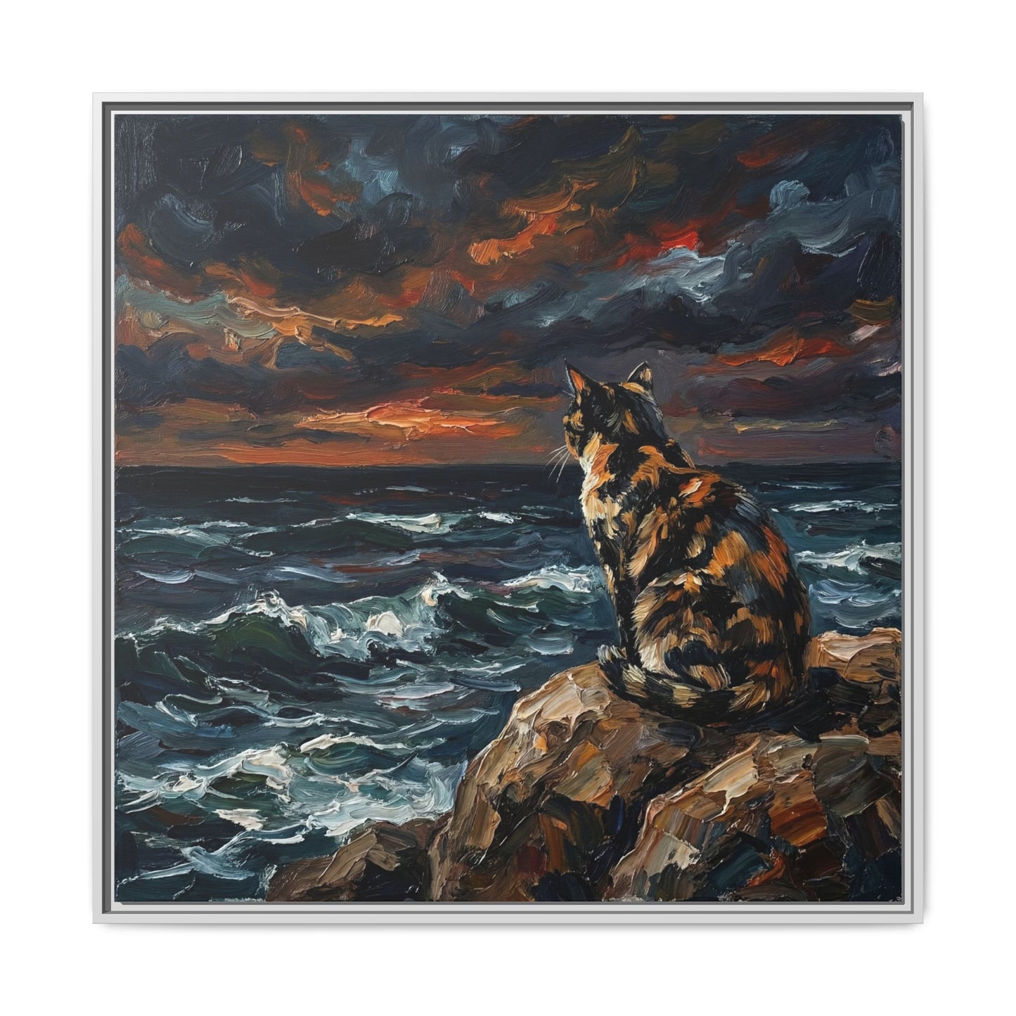 "Beach Night - Tortie Cat" Framed Canvas Wall Art