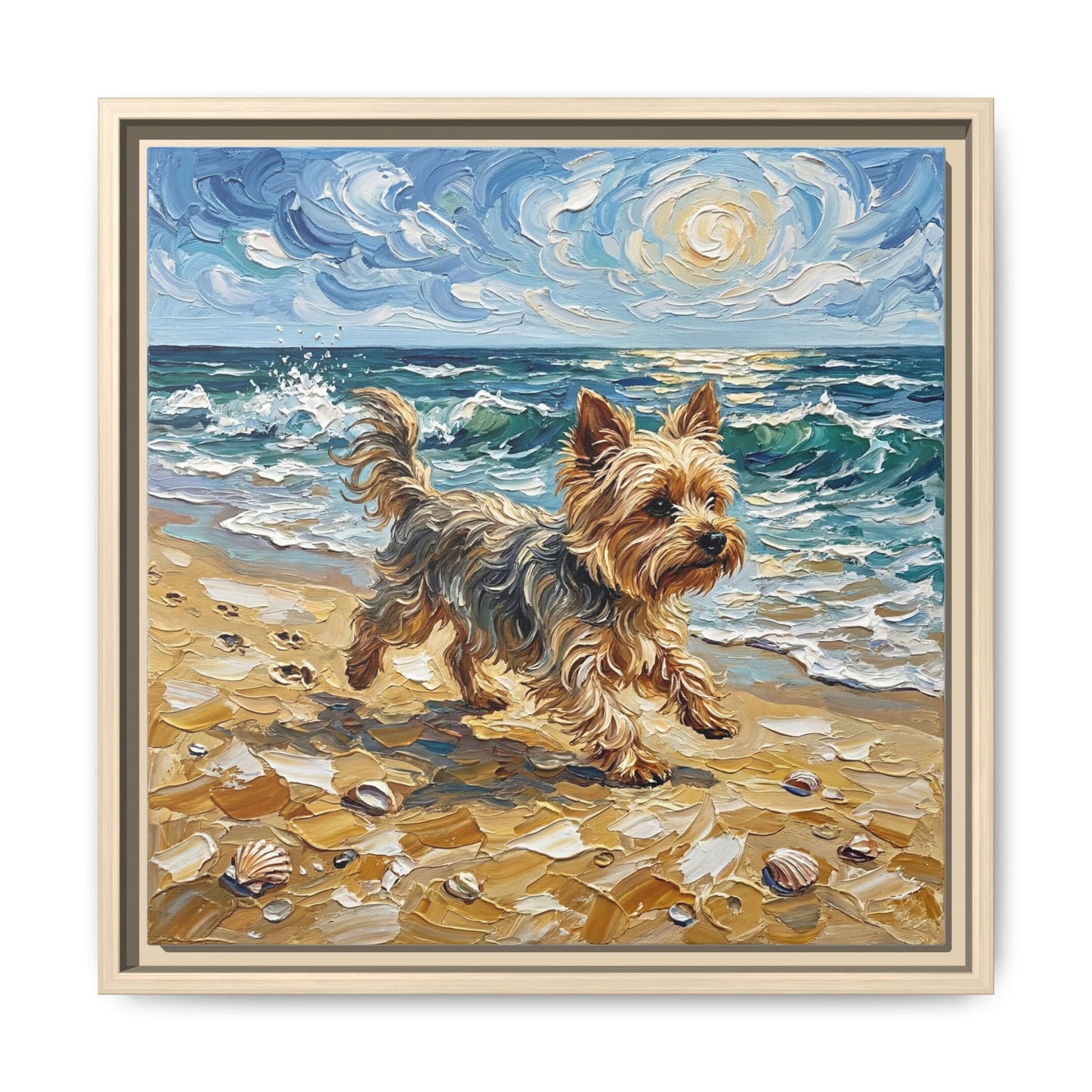 "Beach Day - Yorkie" Framed Canvas Wall Art