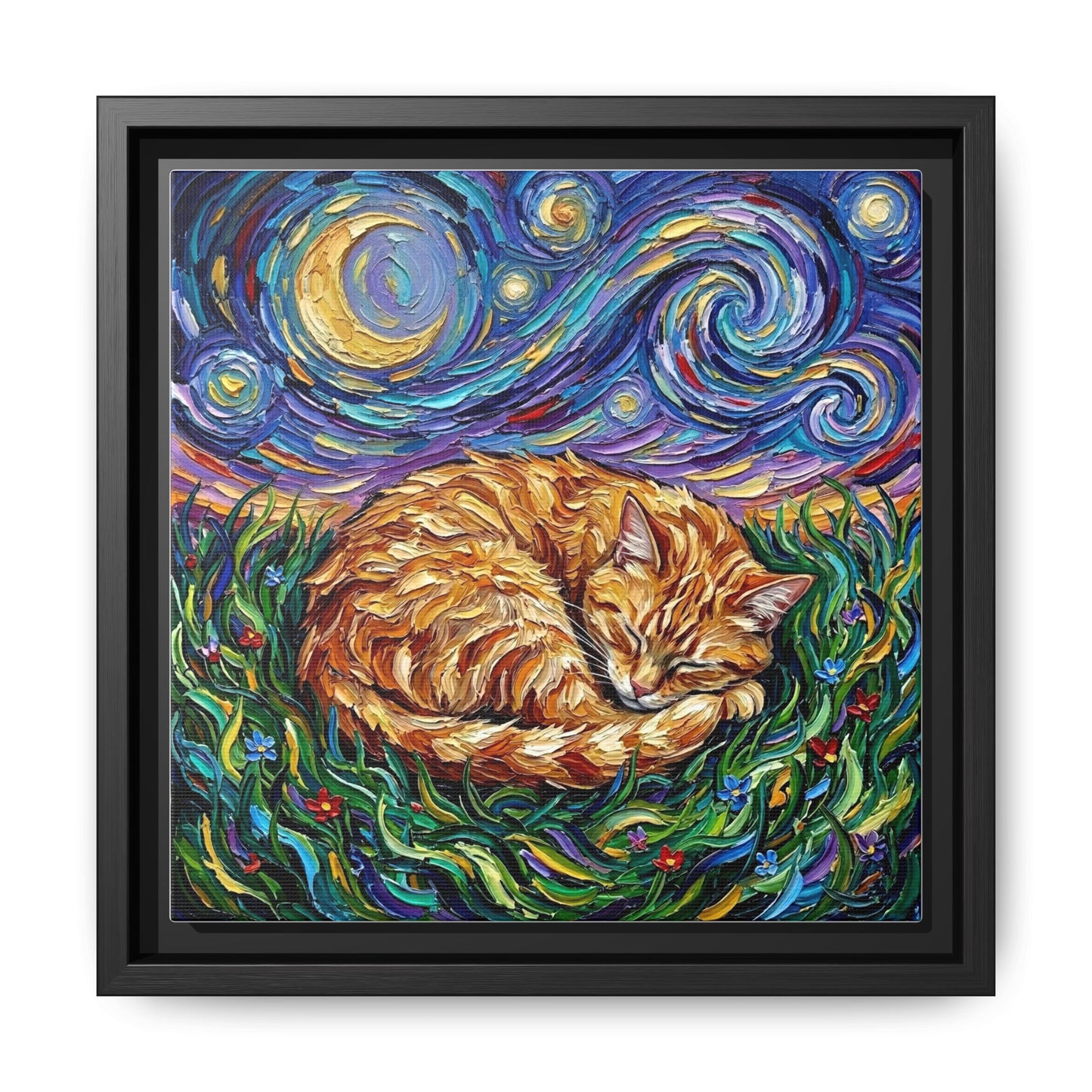 "Sleepy Orange Tabby Night" Framed Canvas Wall Art