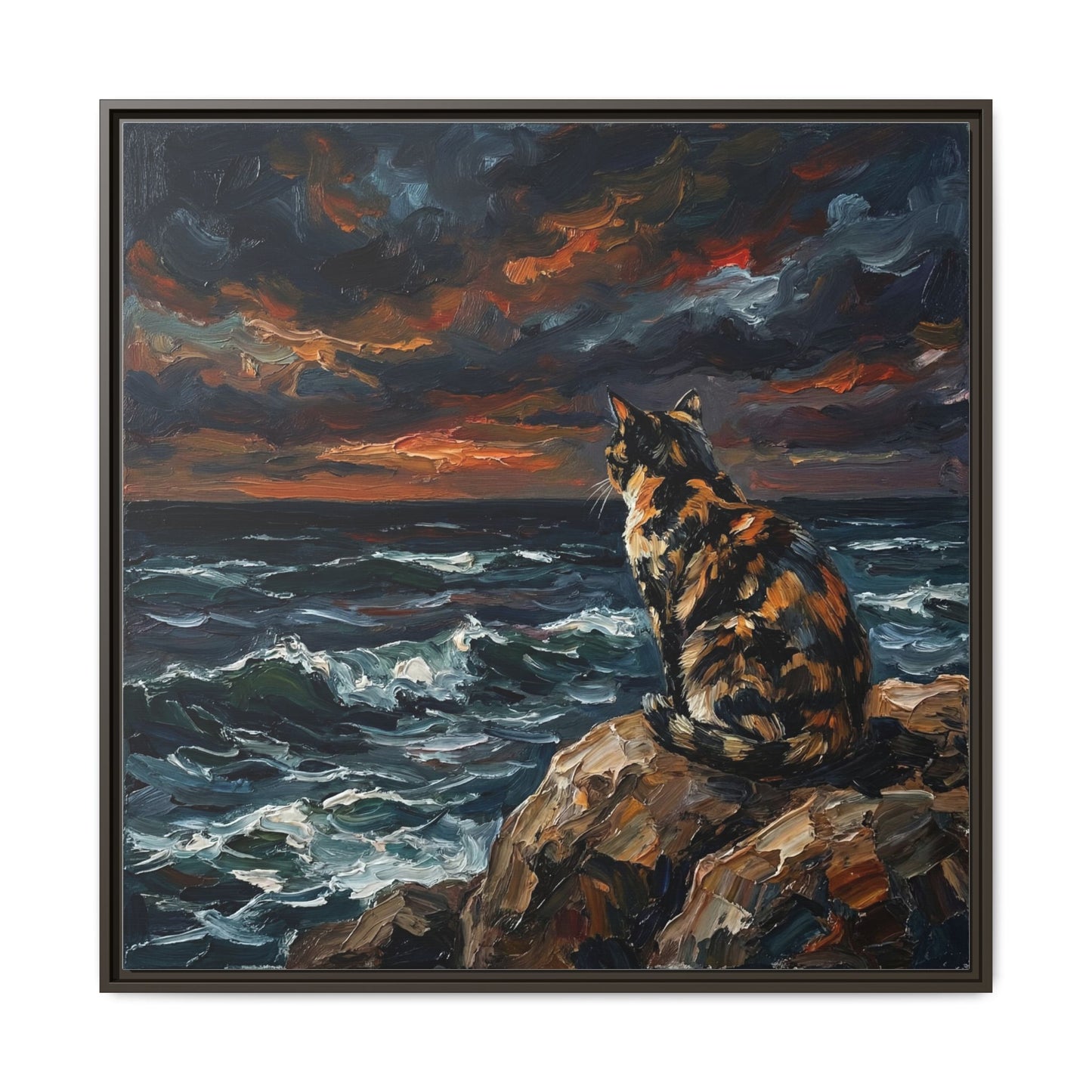"Beach Night - Tortie Cat" Framed Canvas Wall Art