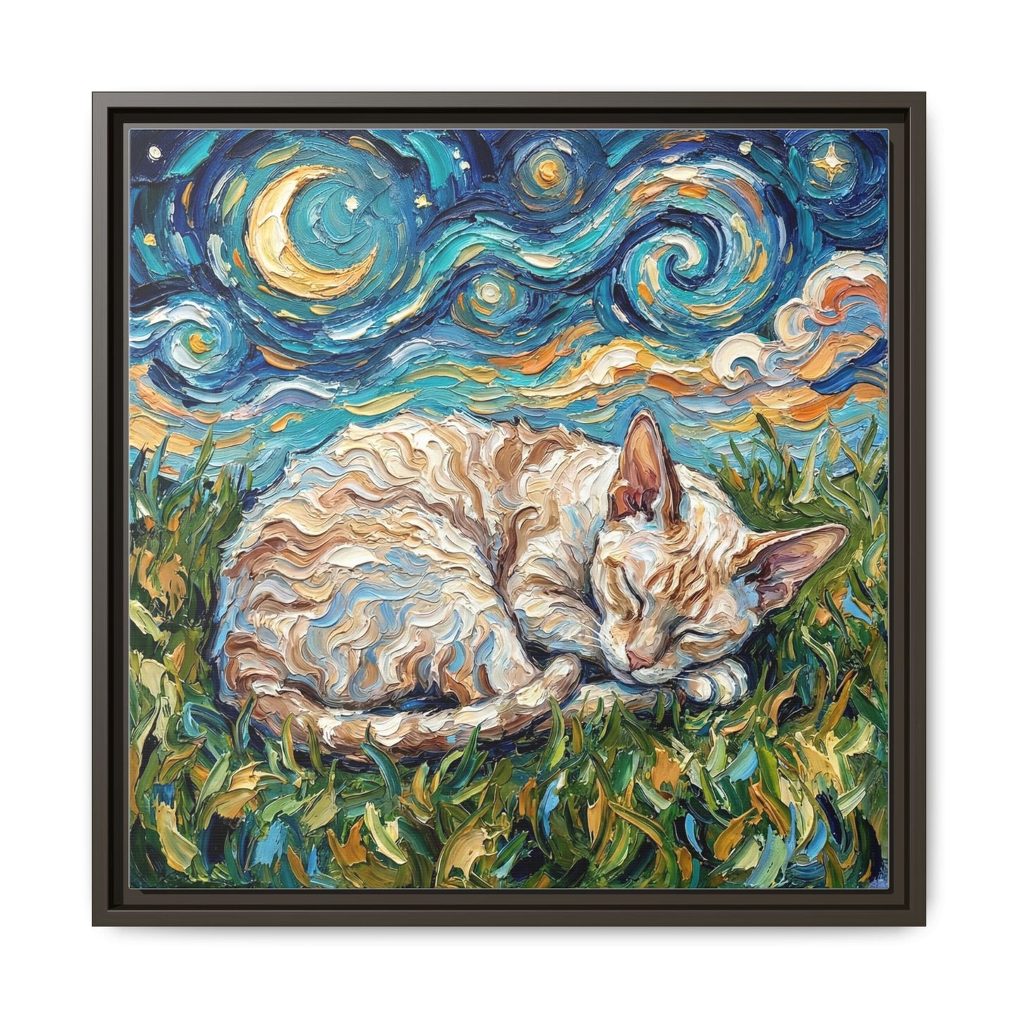 "Sleepy Cornish Rex Night" Framed Canvas Wall Art