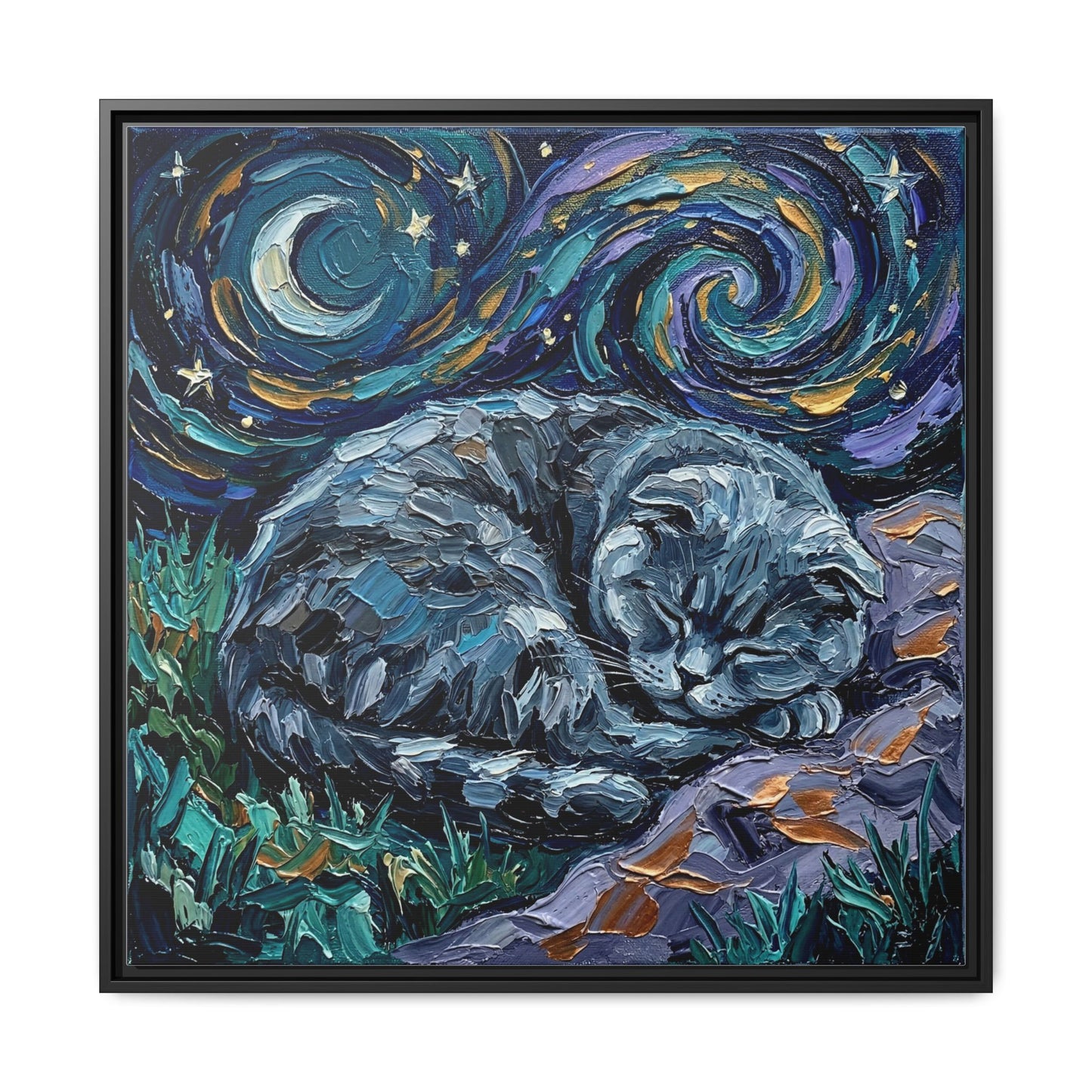 "Sleepy Scottish Fold Night" Framed Canvas Wall Art