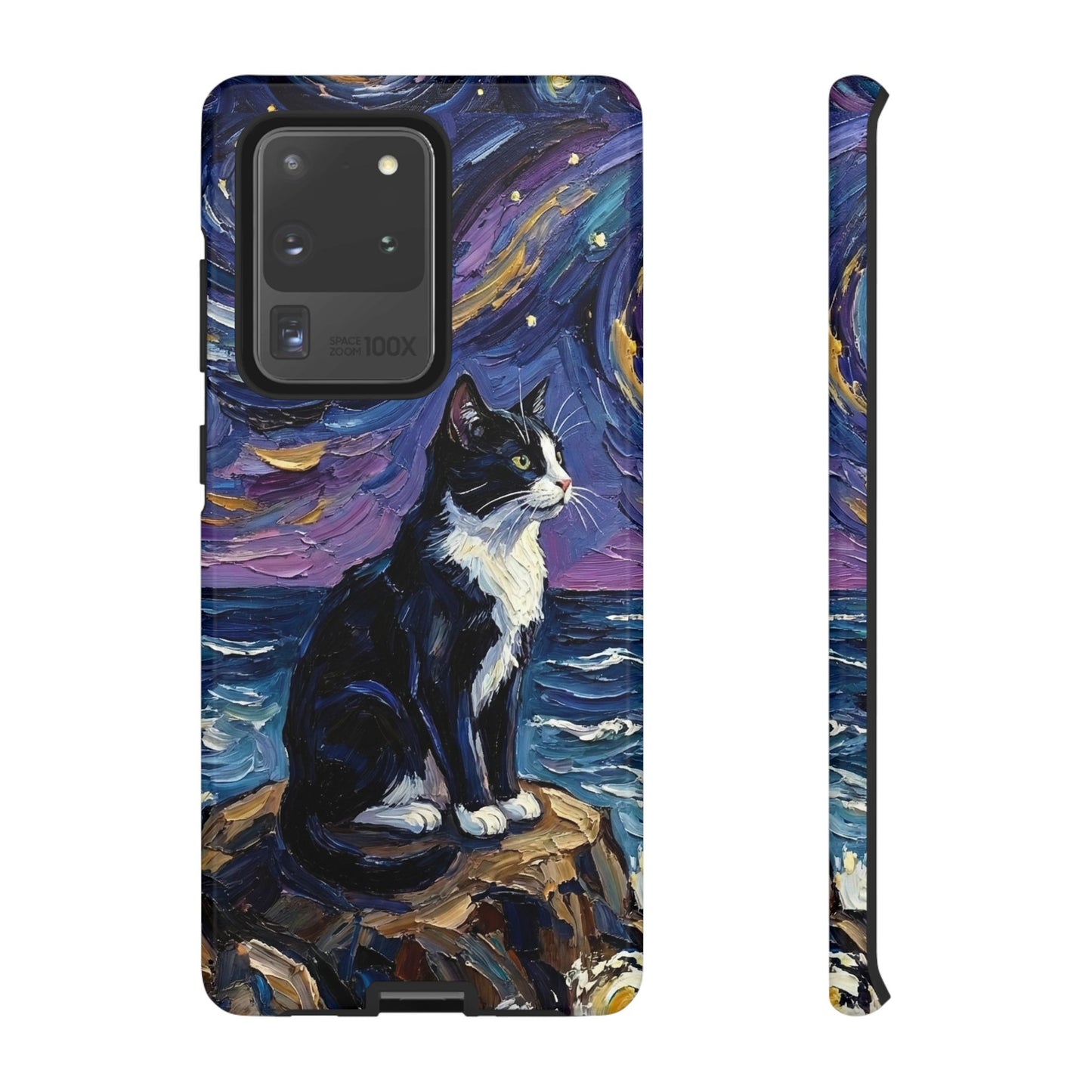 Tuxedo Cat Coastal Starry Night Art Phone Case