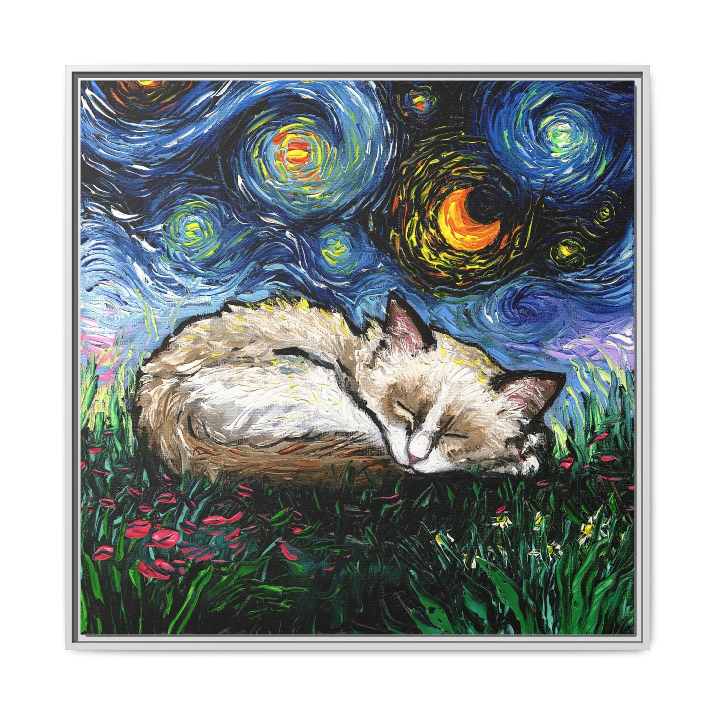 "Sleepy Ragdoll Kitten Night" Framed Canvas Wall Art