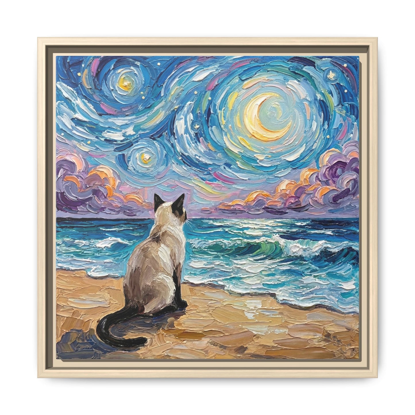 "Beach Night - Siamese Cat" Framed Canvas Wall Art