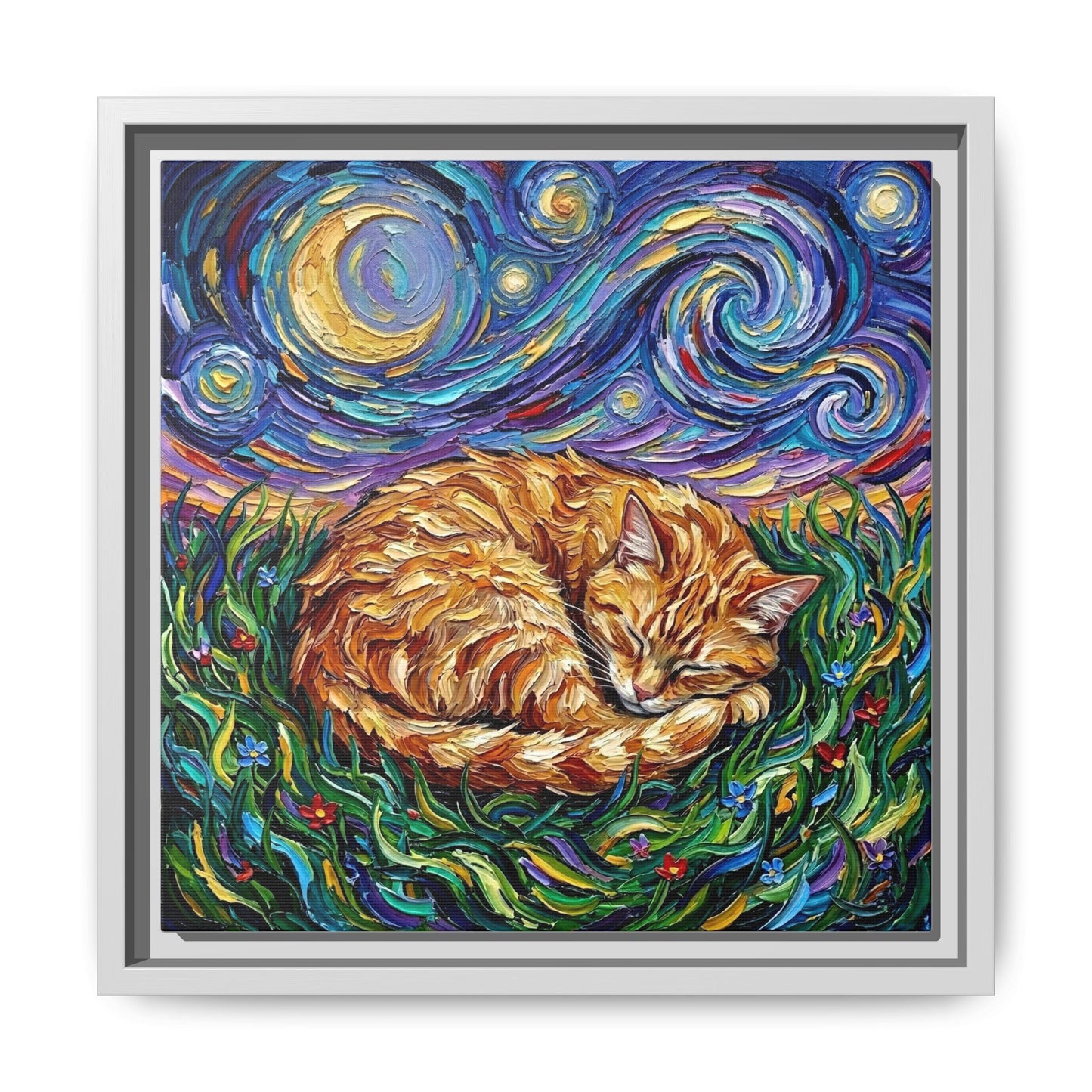 "Sleepy Orange Tabby Night" Framed Canvas Wall Art