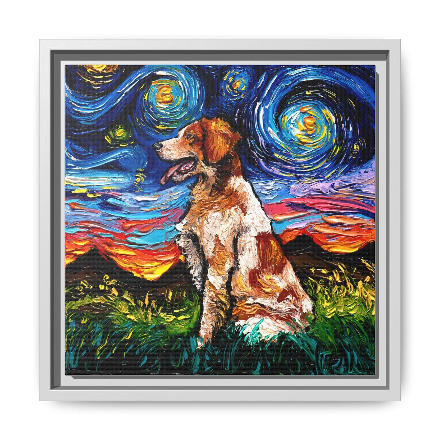"Brittany Spaniel Night" Framed Canvas Wall Art