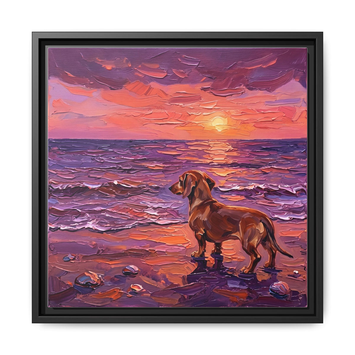 "Beach Day - Brown Dachshund" Framed Canvas Wall Art