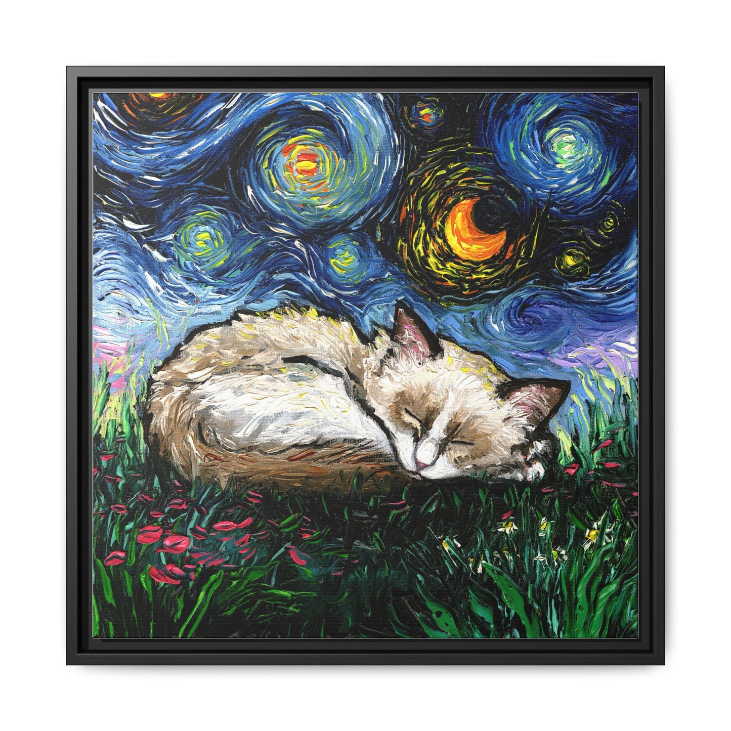 "Sleepy Ragdoll Kitten Night" Framed Canvas Wall Art