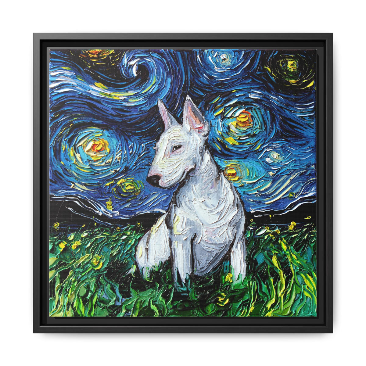 "Bull Terrier Night" Framed Canvas Wall Art