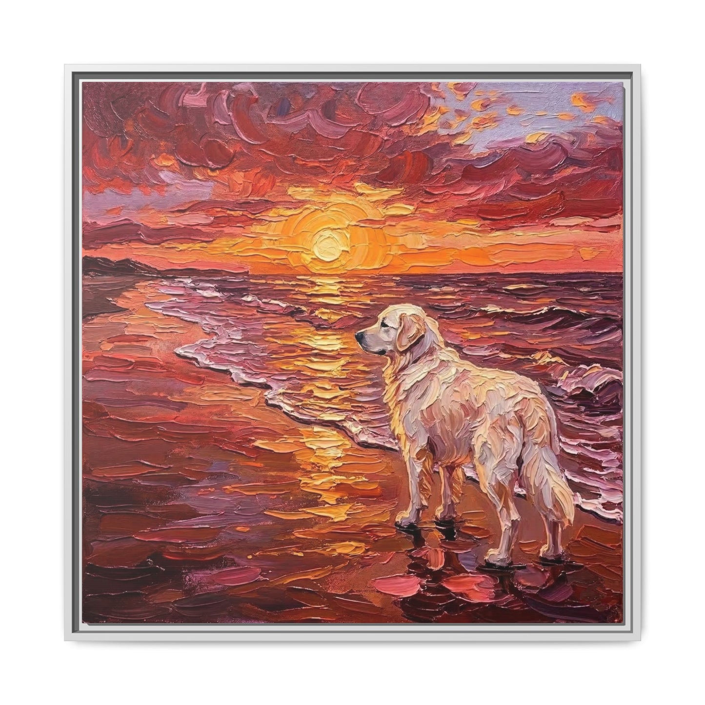 "Beach Day - Great Pyrenees" Framed Canvas Wall Art