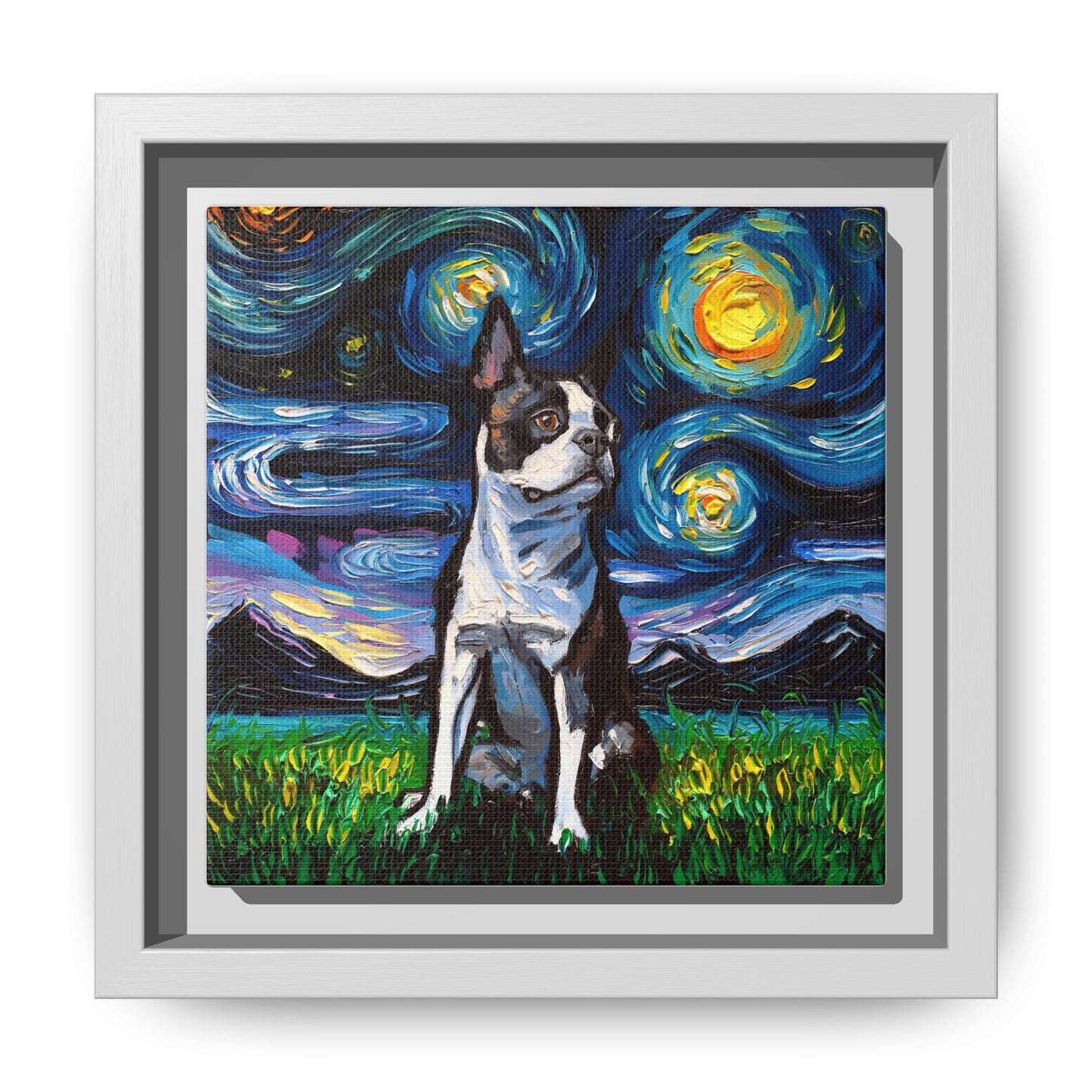 "Boston Terrier Night" Framed Canvas Wall Art