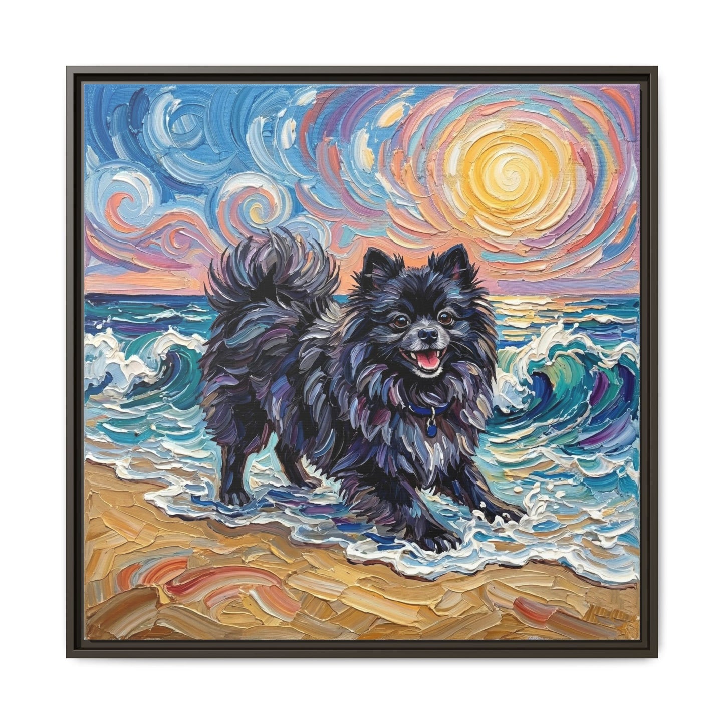 "Beach Day - Black Pomeranian" Framed Canvas Wall Art