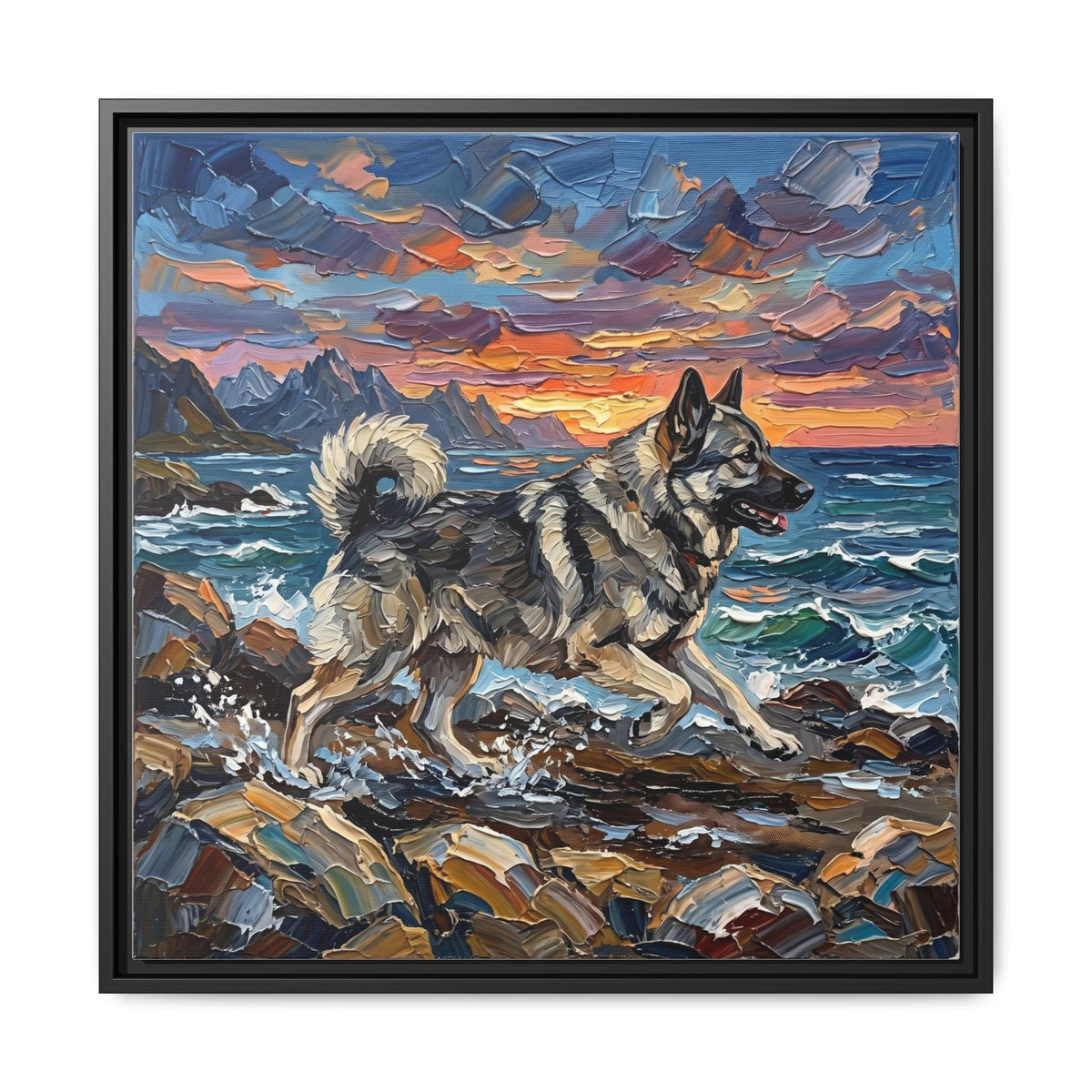 "Beach Days - Norwegian Elkhound" Framed Canvas Wall Art