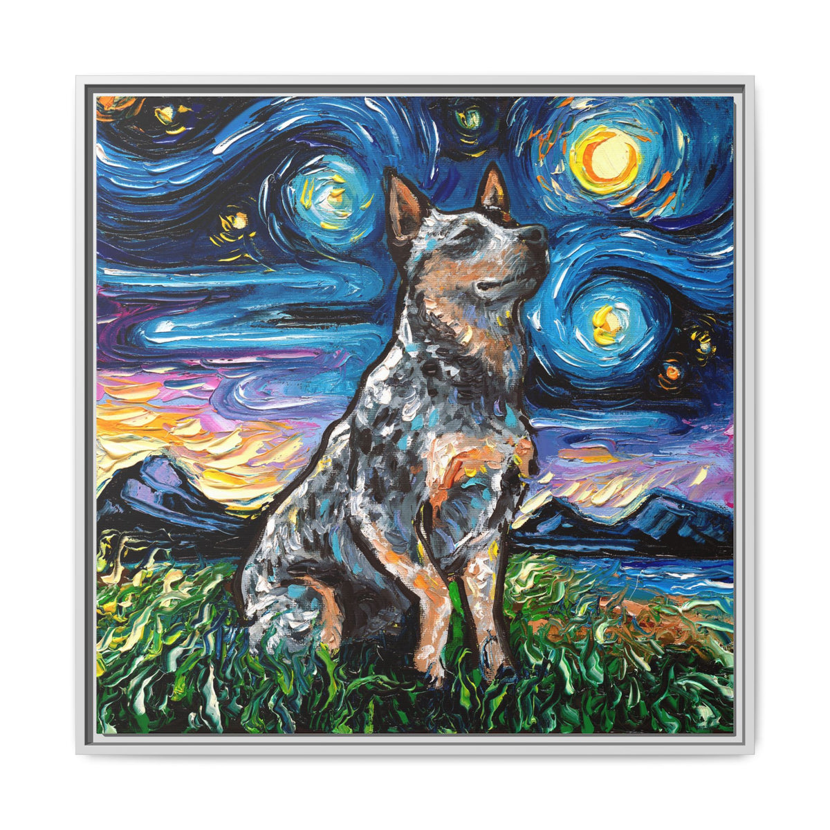 "Blue Heeler Night" Framed Canvas Wall Art