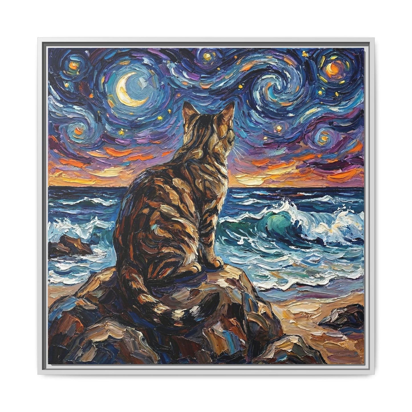 "Beach Night - Brown Tabby" Framed Canvas Wall Art