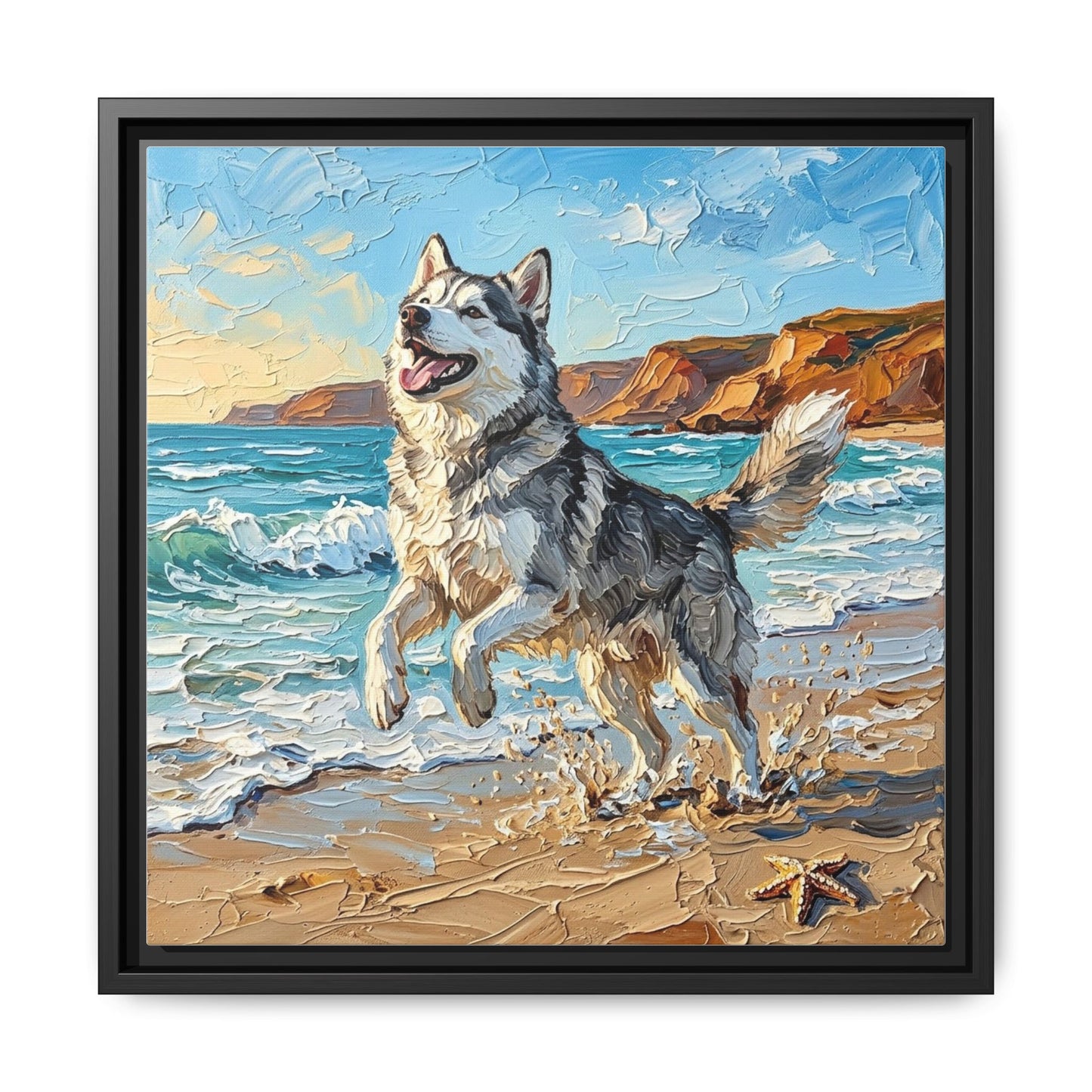 "Beach Day - Husky" Framed Canvas Wall Art