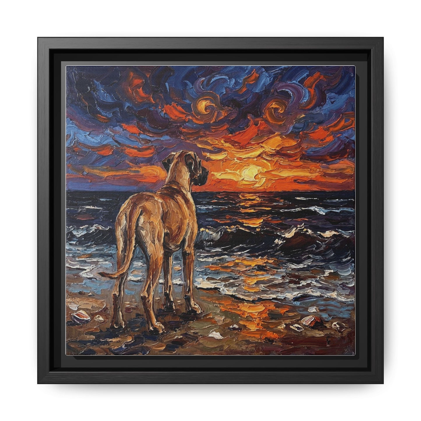 "Beach Sunset - Fawn Great Dane" Framed Canvas Wall Art