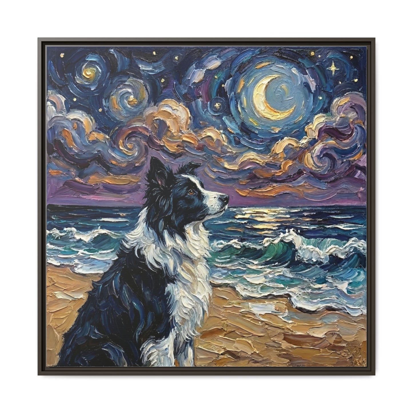 "Beach Night - Border Collie" Framed Canvas Wall Art