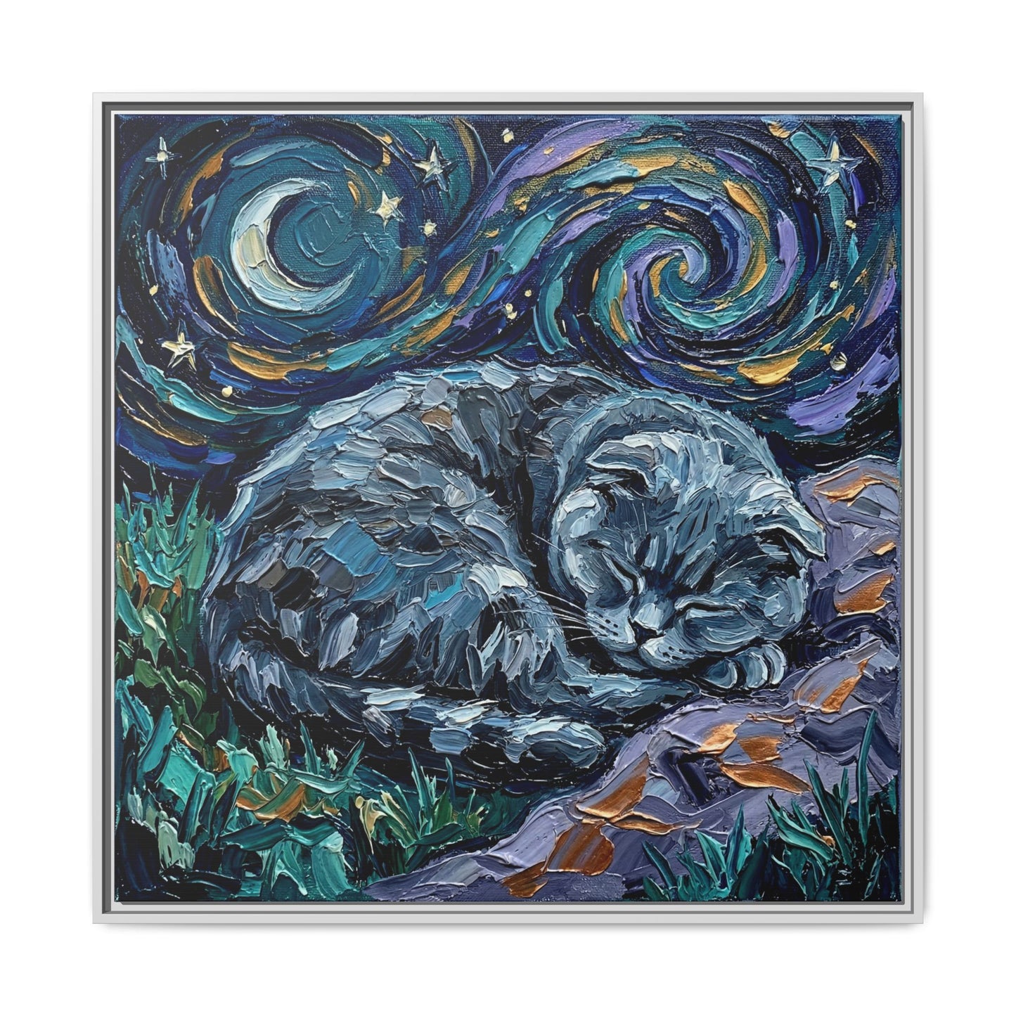 "Sleepy Scottish Fold Night" Framed Canvas Wall Art