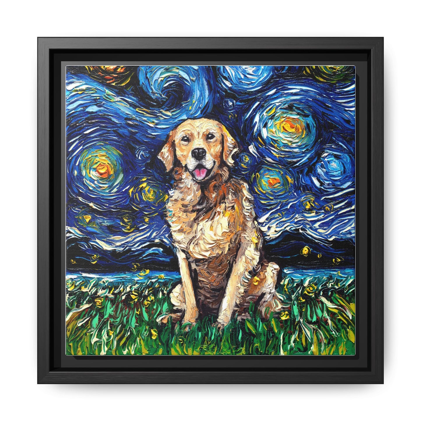 "Golden Retriever Night" Framed Canvas Wall Art