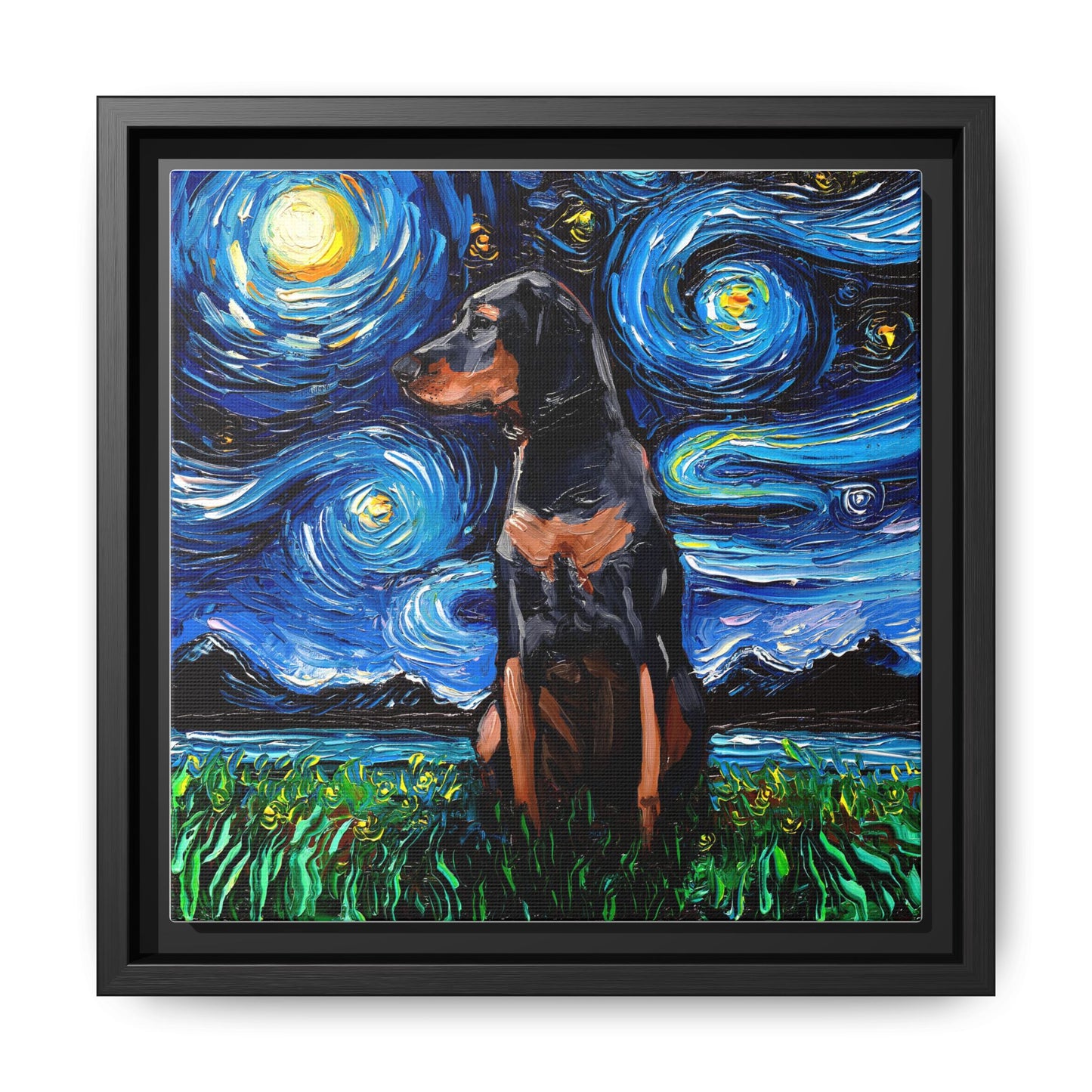 "Black and Tan Coonhound Night" Framed Canvas Wall Art