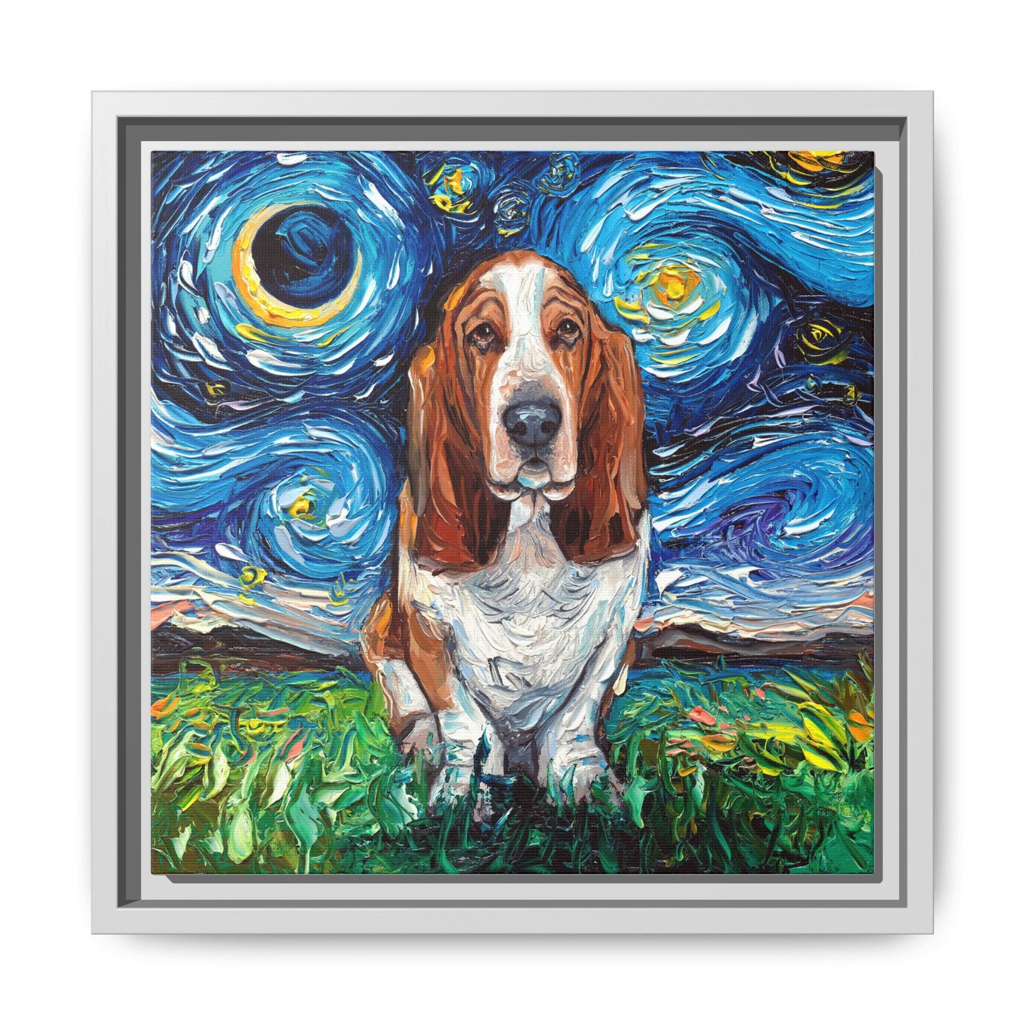 "Basset Hound Night" Framed Canvas Wall Art
