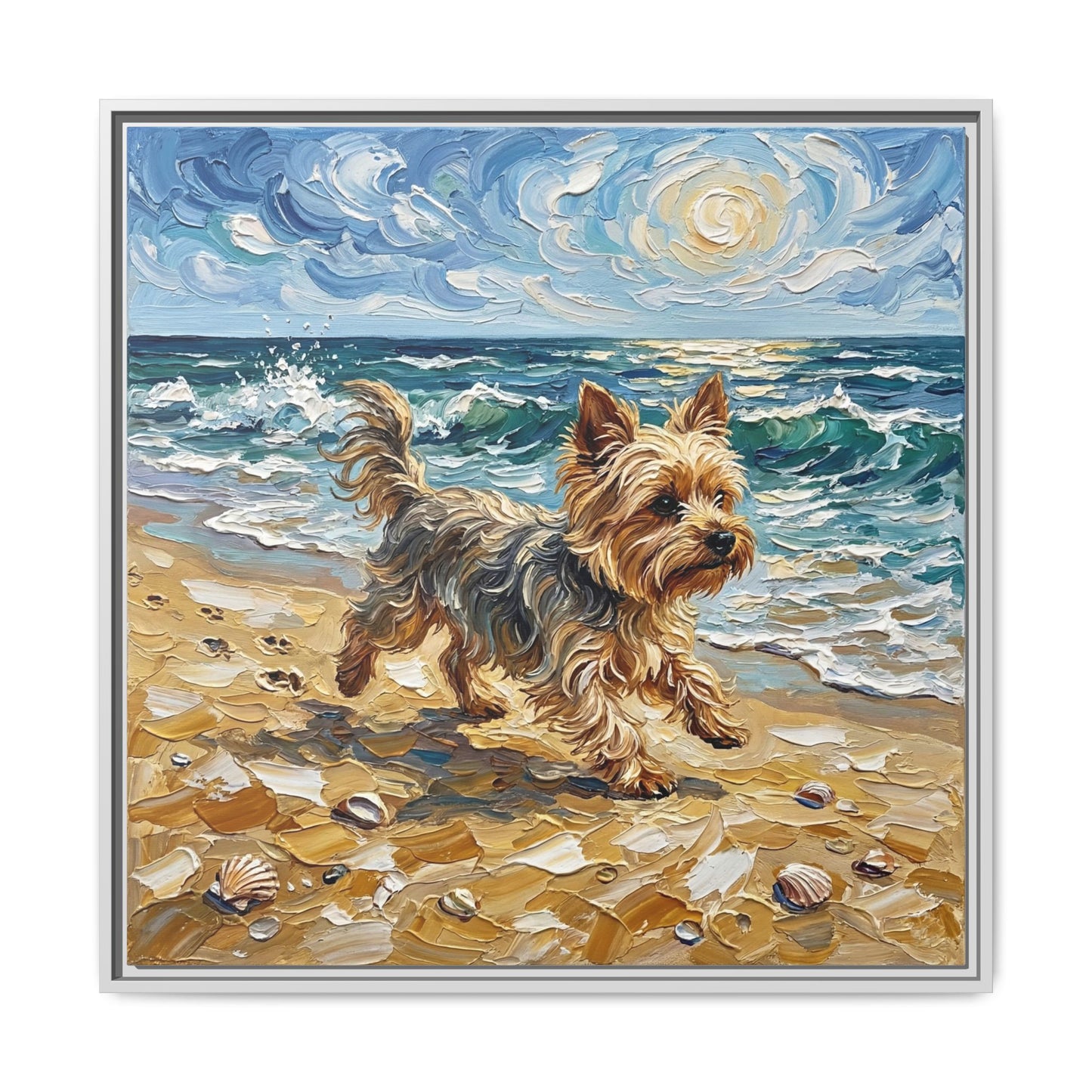 "Beach Day - Yorkie" Framed Canvas Wall Art