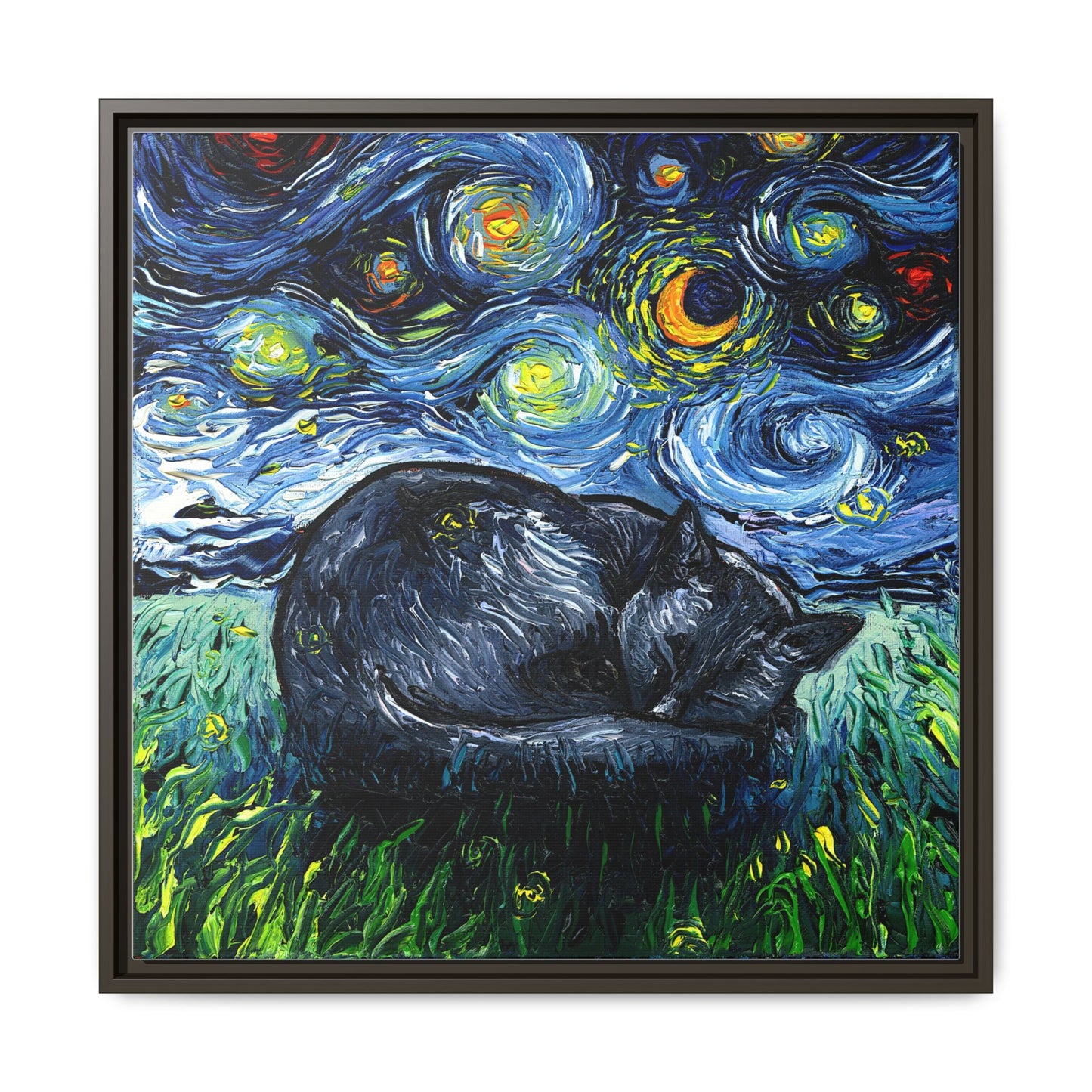 "Sleepy Black Cat Night" Framed Canvas Wall Art