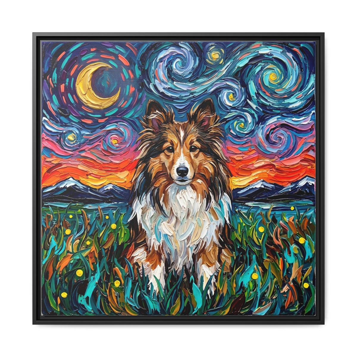 "Sheltie Night 2" Framed Canvas Wall Art