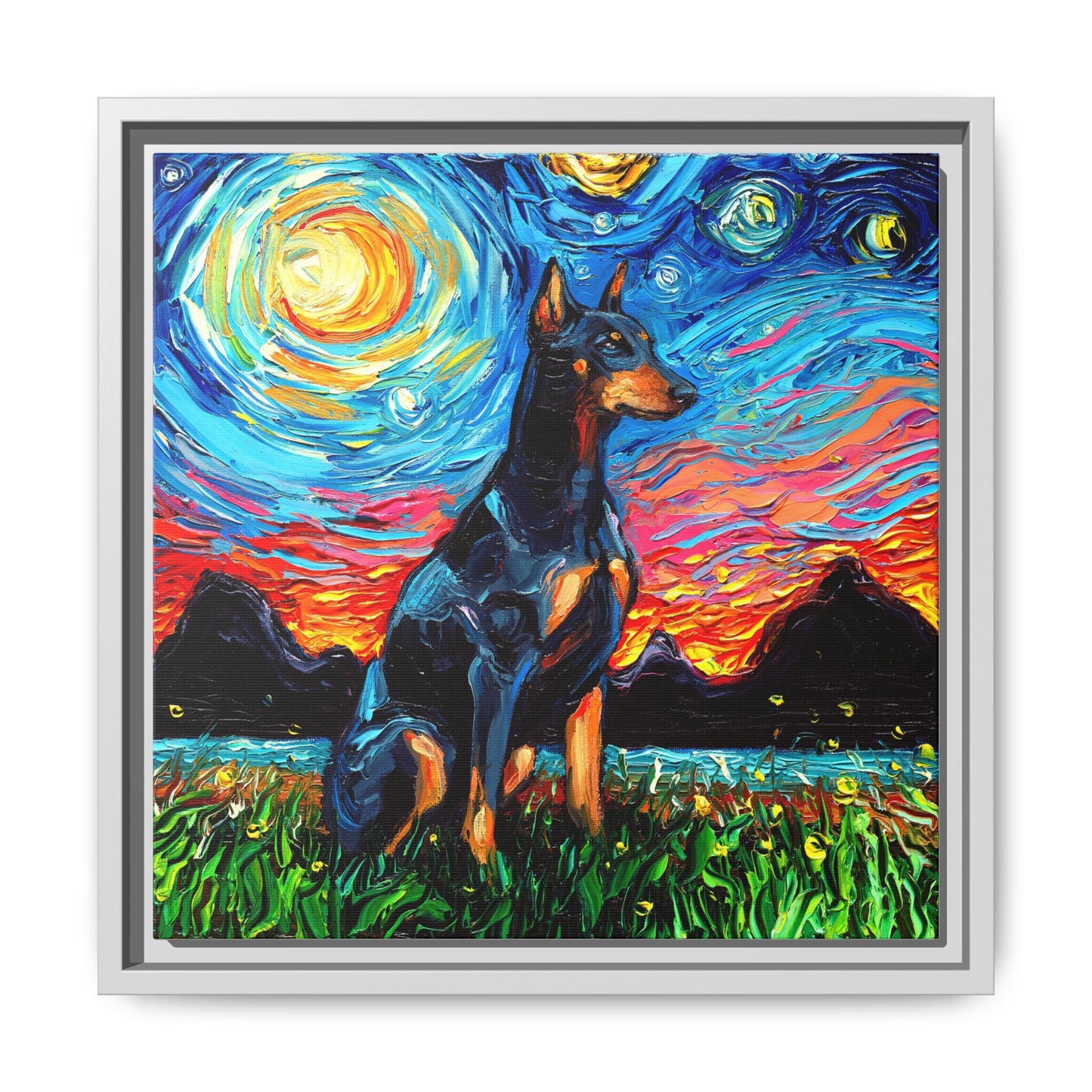 "Doberman Night" Framed Canvas Wall Art