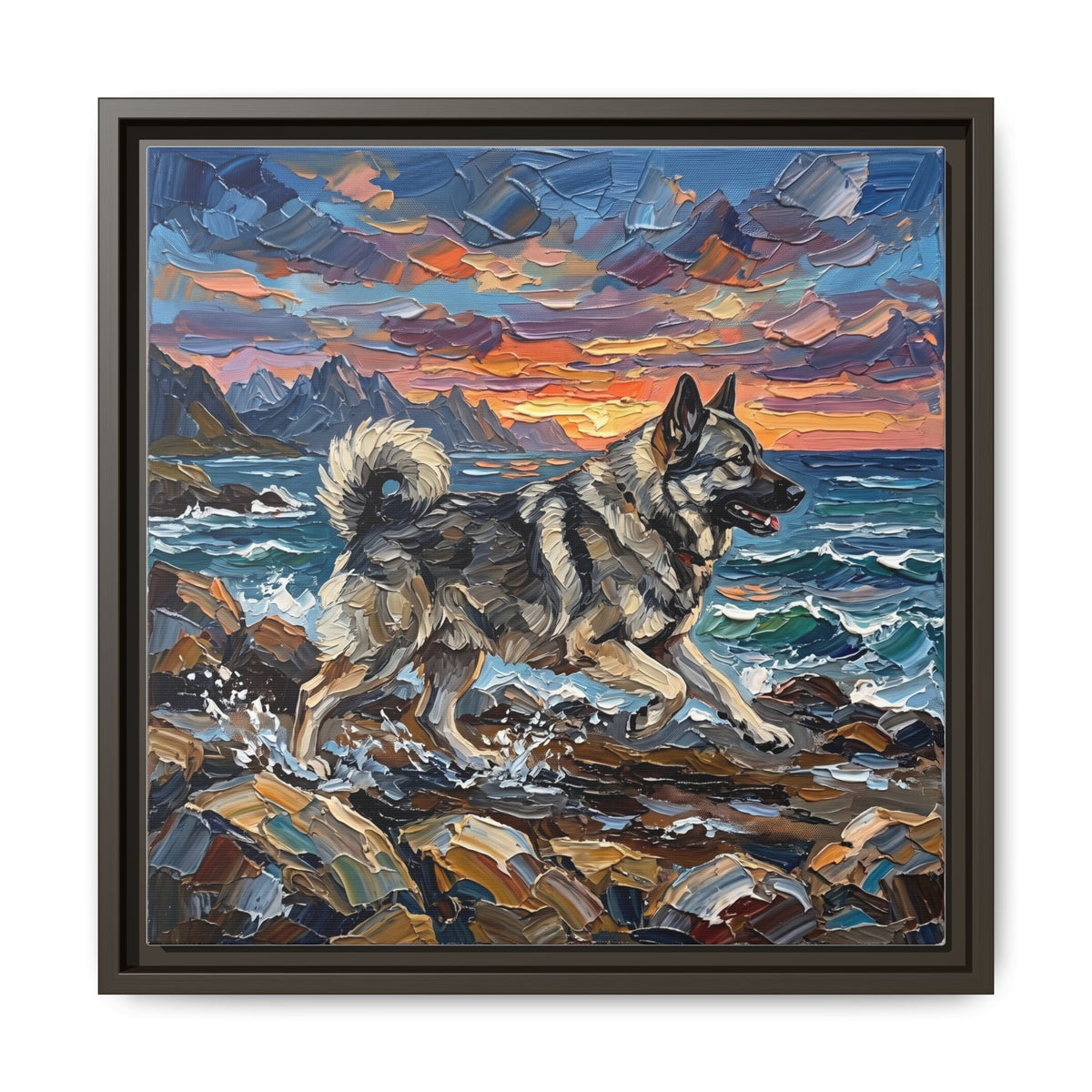 "Beach Days - Norwegian Elkhound" Framed Canvas Wall Art