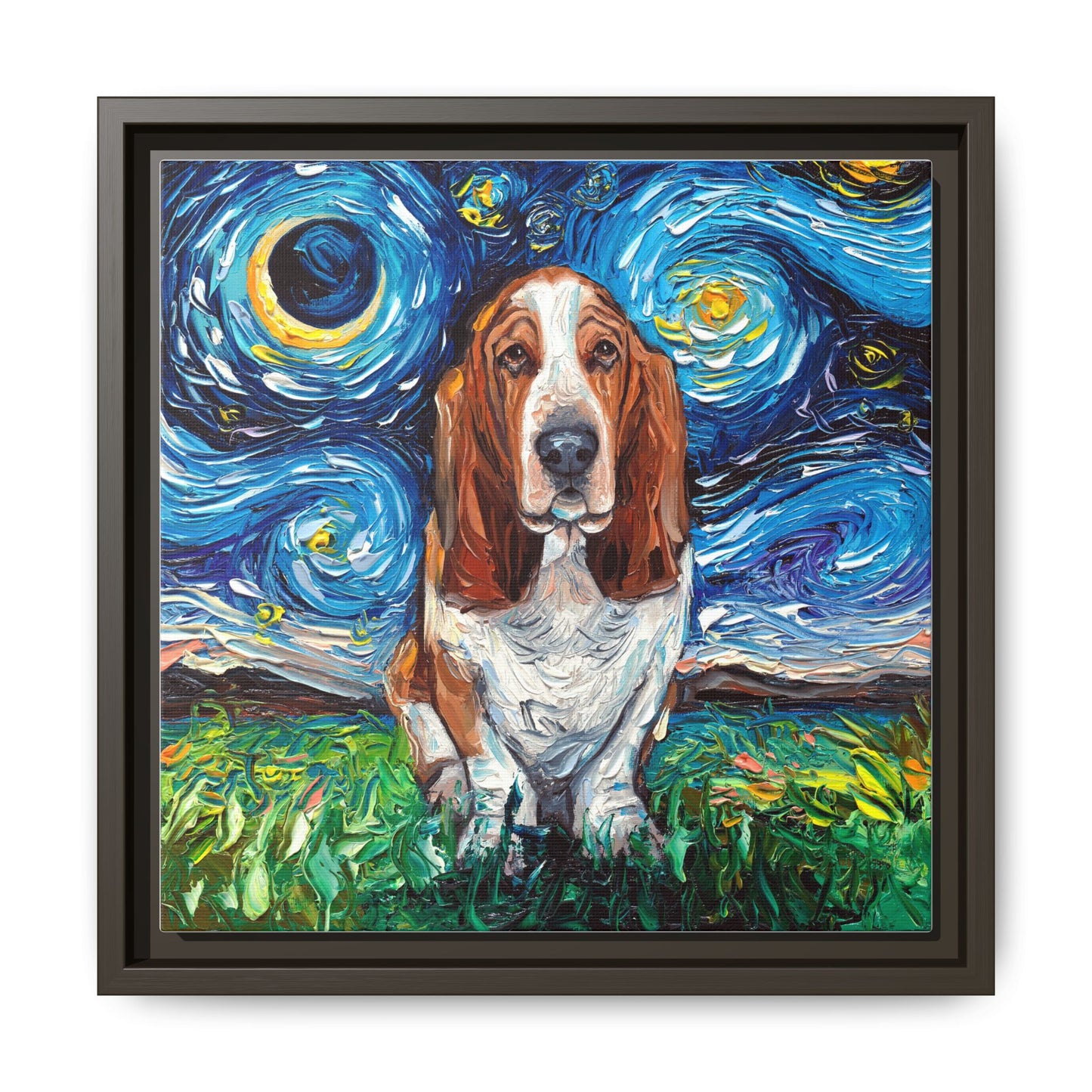 "Basset Hound Night" Framed Canvas Wall Art