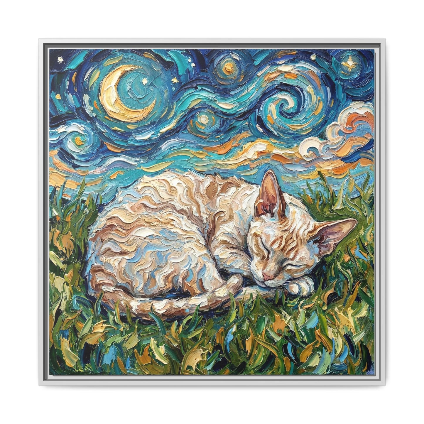 "Sleepy Cornish Rex Night" Framed Canvas Wall Art