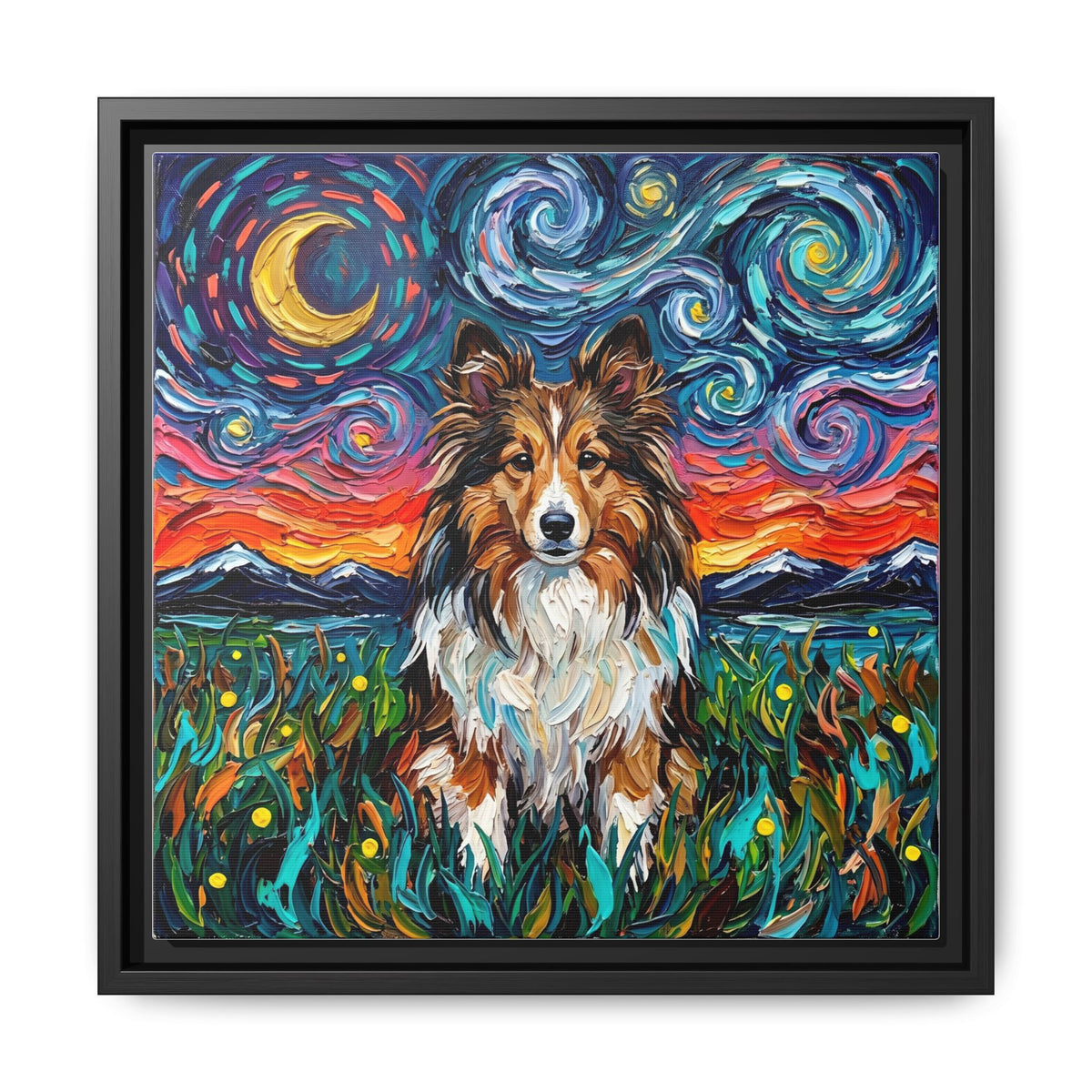 "Sheltie Night 2" Framed Canvas Wall Art