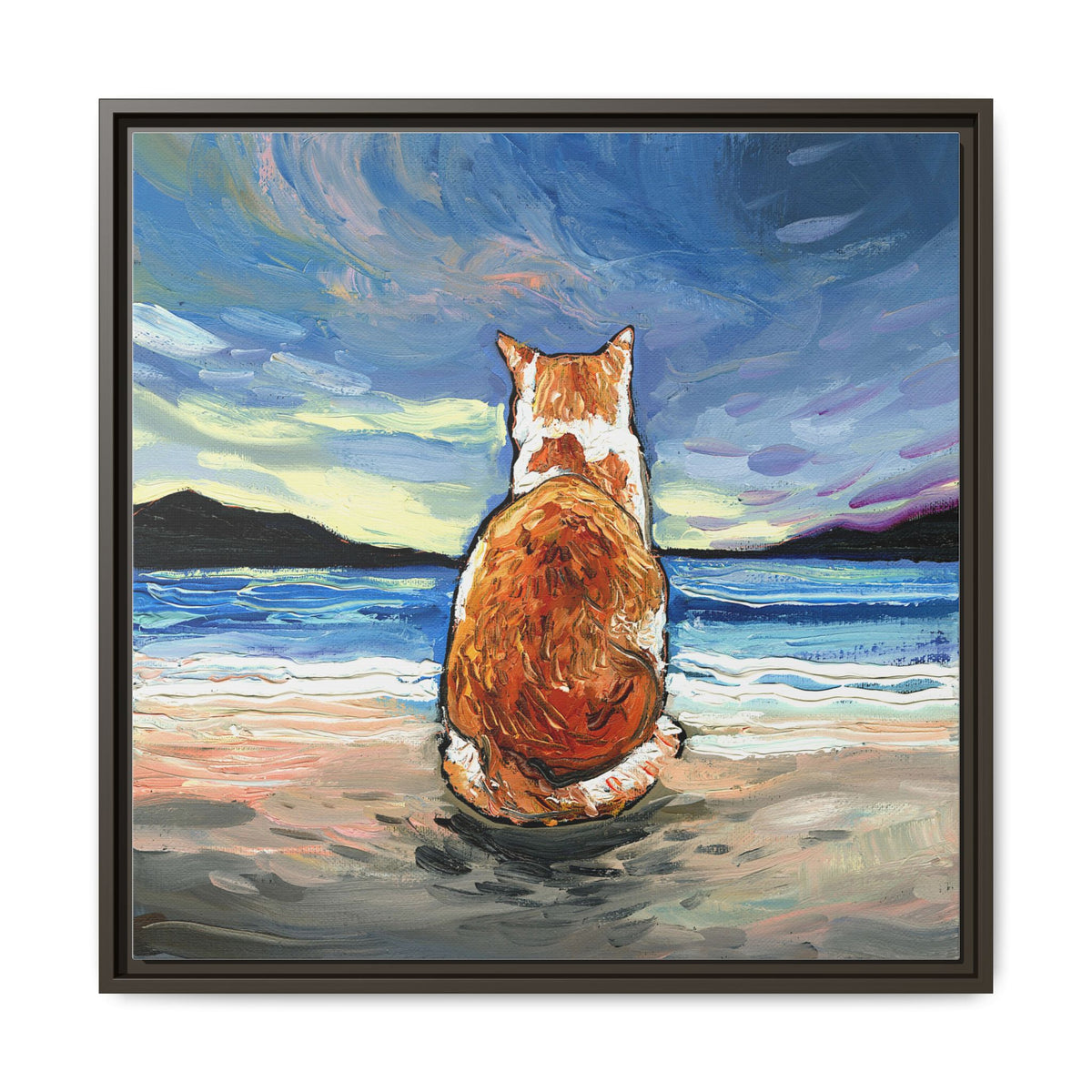 "Beach Day - Orange and White Tabby Cat" Framed Canvas Wall Art