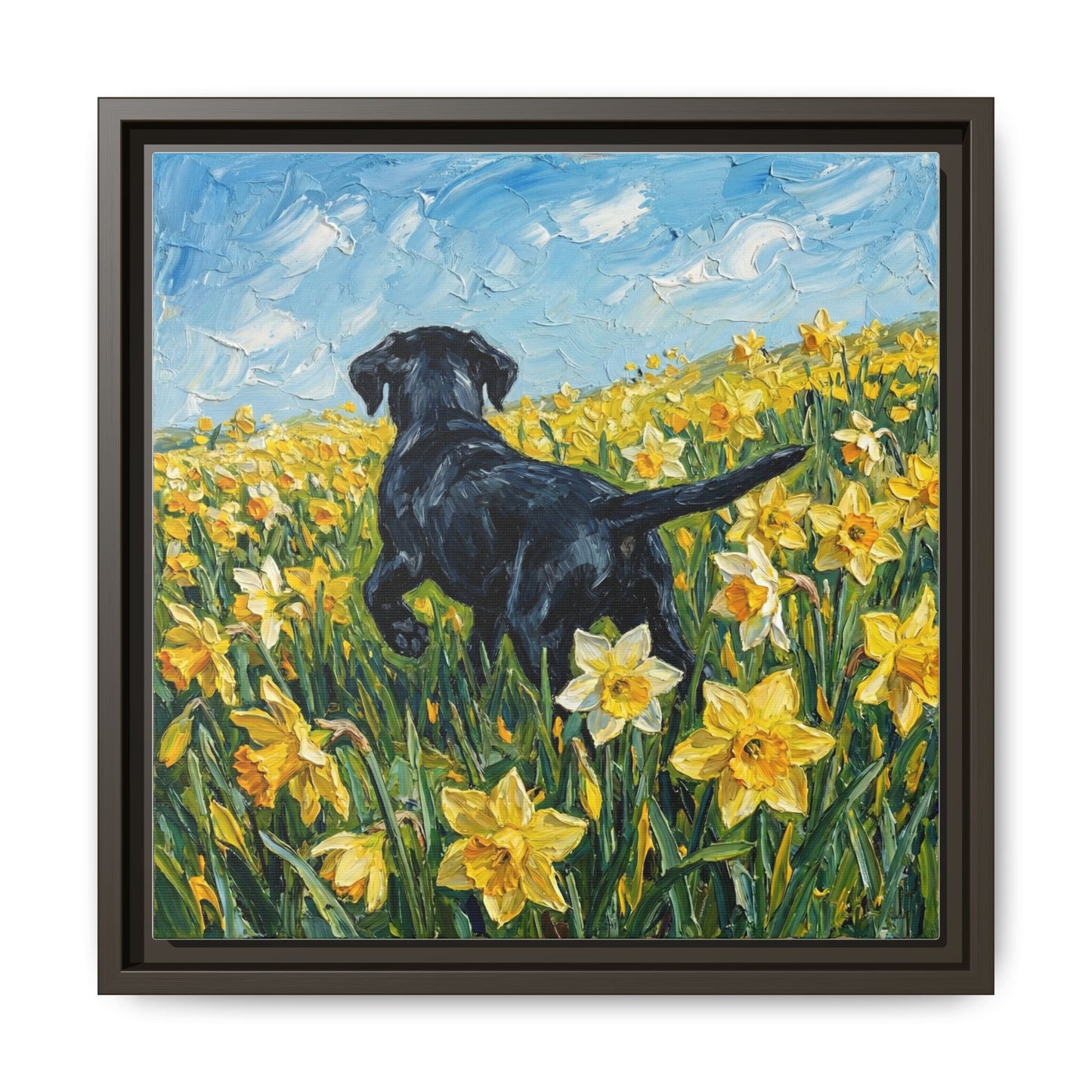 "Amongst The Flowers - Black Labrador" Framed Canvas Wall Art
