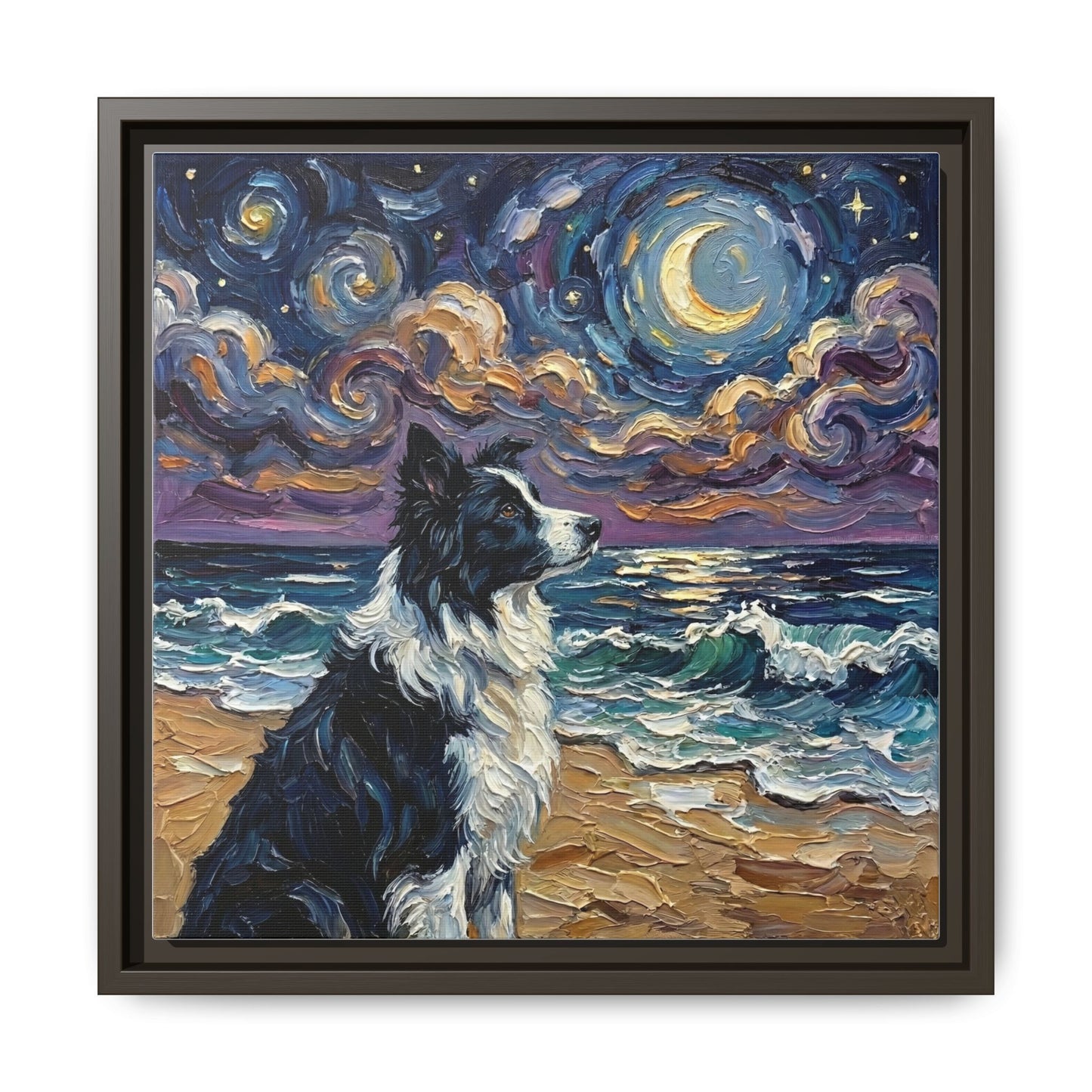 "Beach Night - Border Collie" Framed Canvas Wall Art