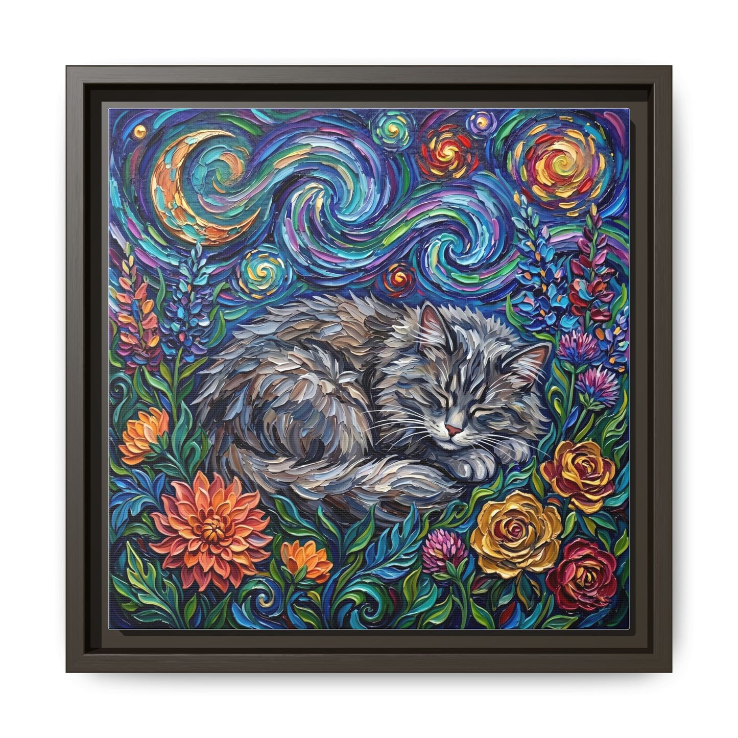 "Amongst The Flowers - Gray Domestic Long Haired Cat" Framed Canvas Wall Art