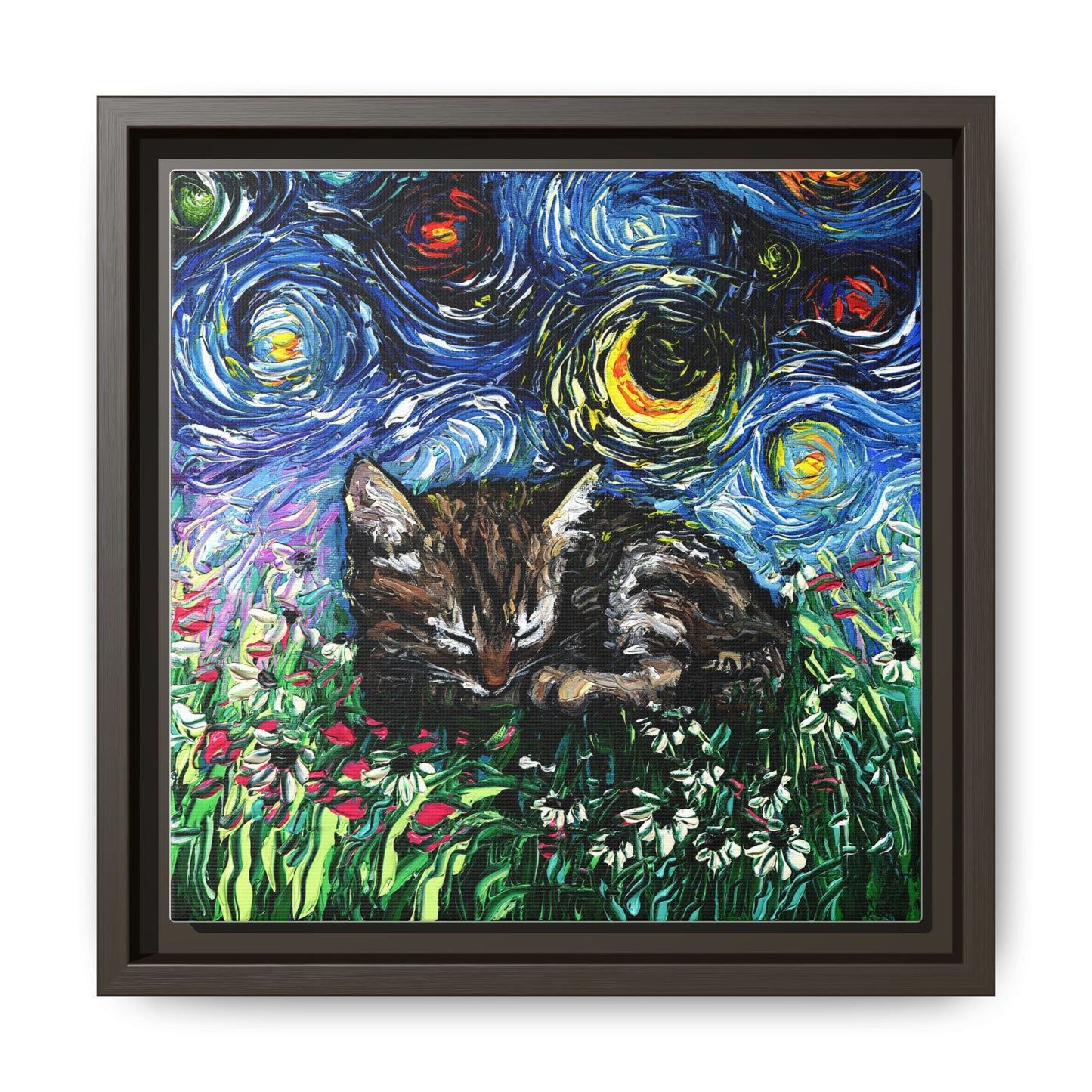 "Sleepy Tabby Kitten Night" Framed Canvas Wall Art