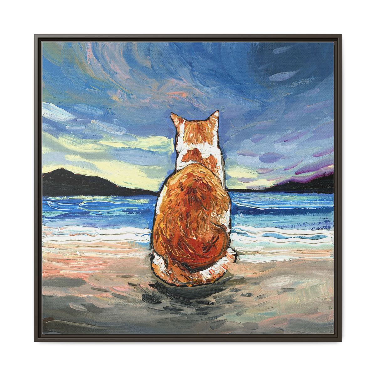 "Beach Day - Orange and White Tabby Cat" Framed Canvas Wall Art