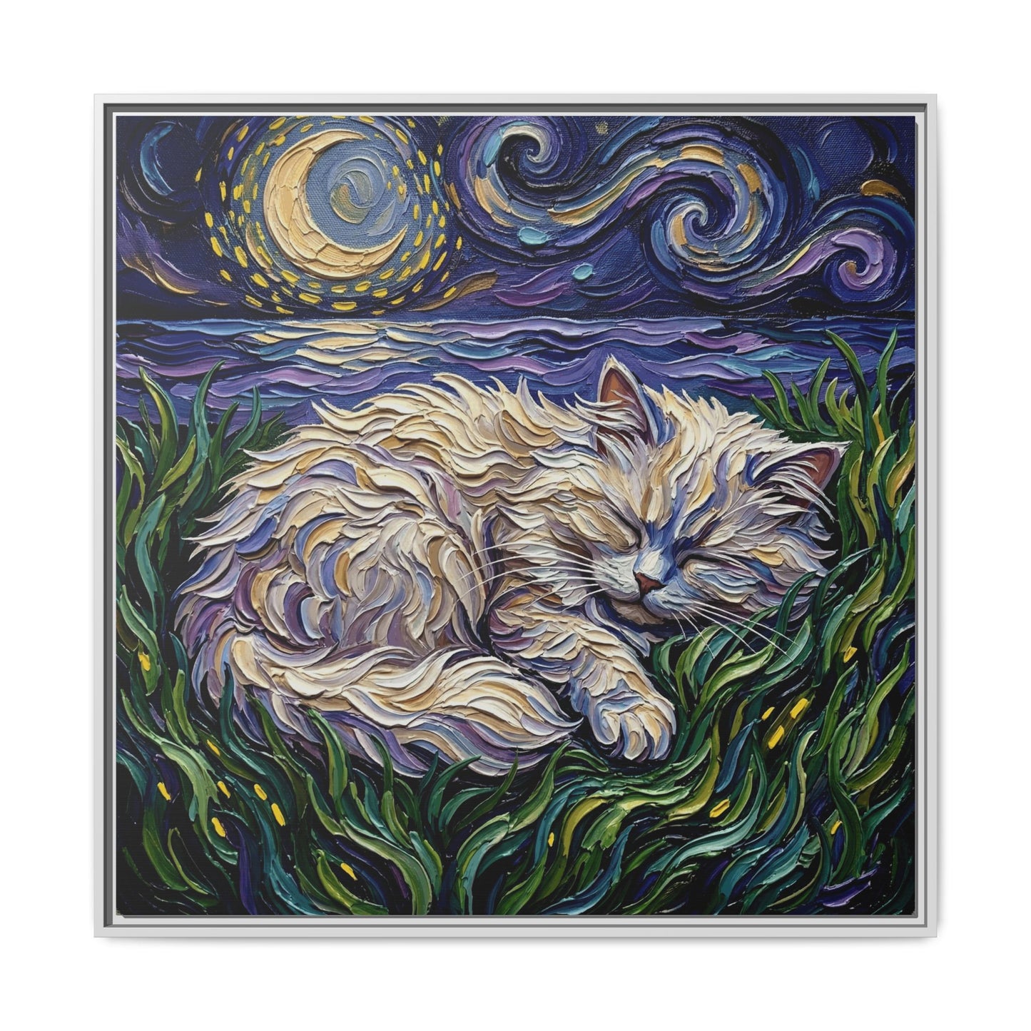 "Sleepy White Persian Night" Framed Canvas Wall Art