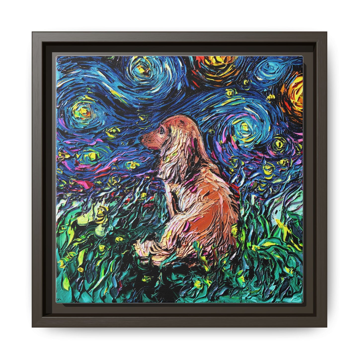 "Long Haired Brown Dachshund Night" Framed Canvas Wall Art