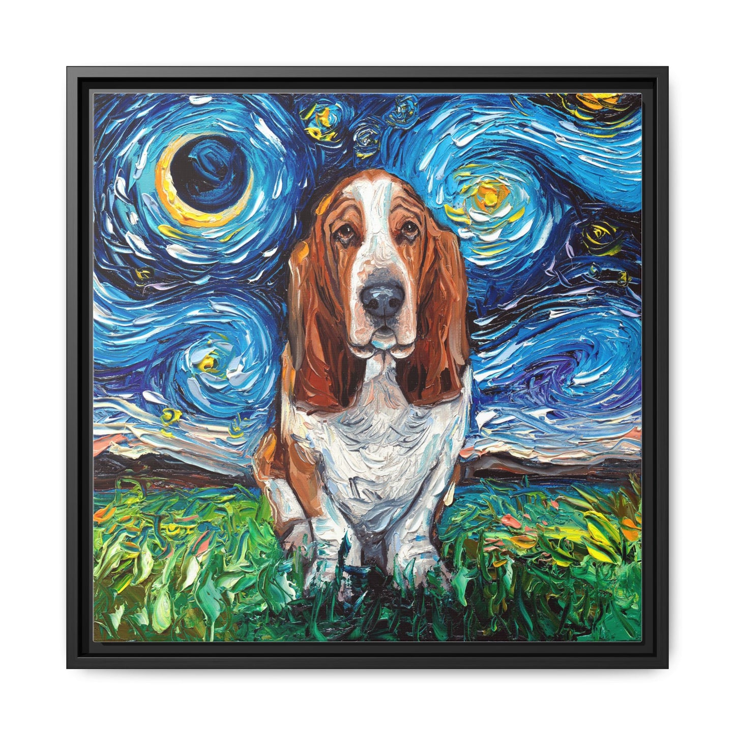 "Basset Hound Night" Framed Canvas Wall Art