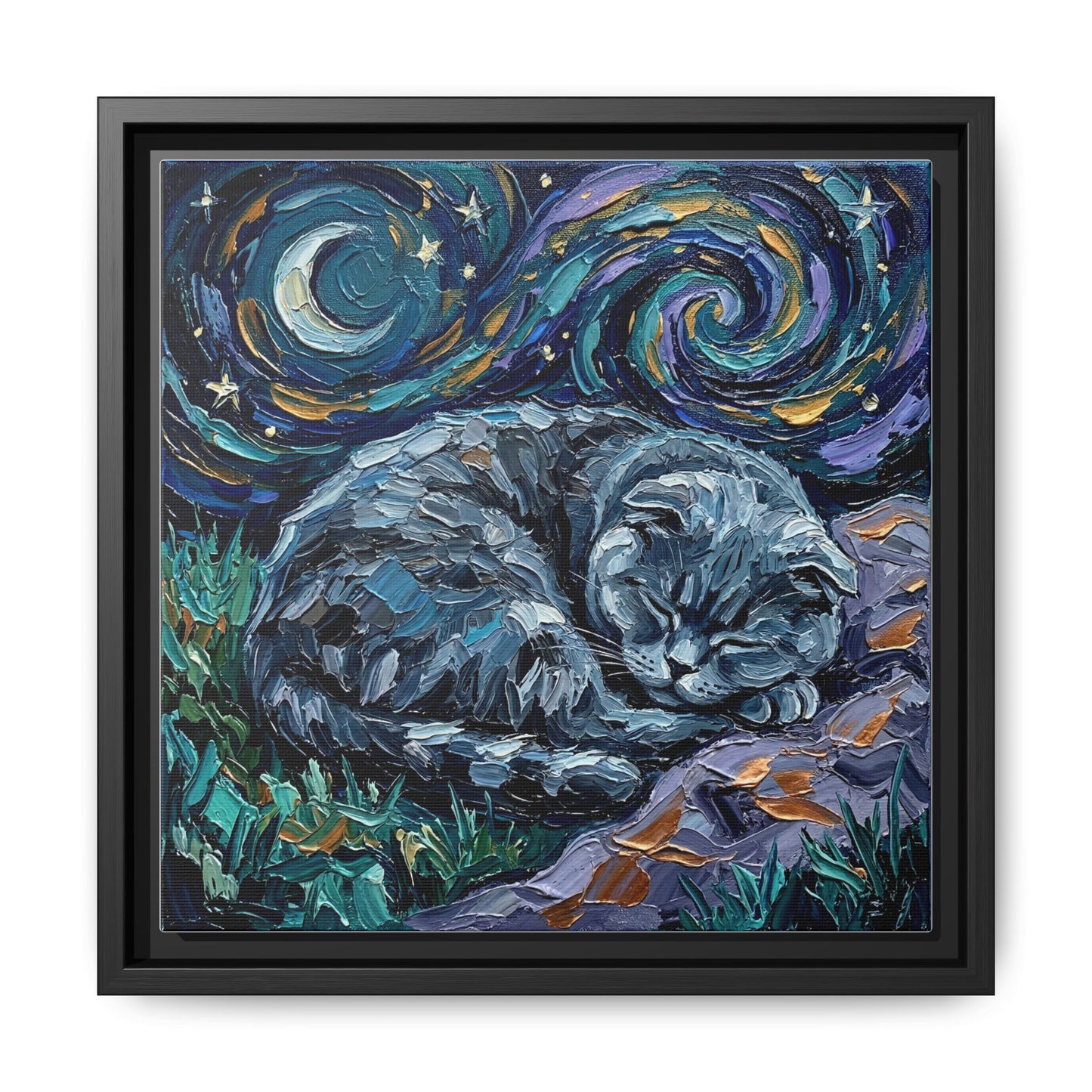 "Sleepy Scottish Fold Night" Framed Canvas Wall Art