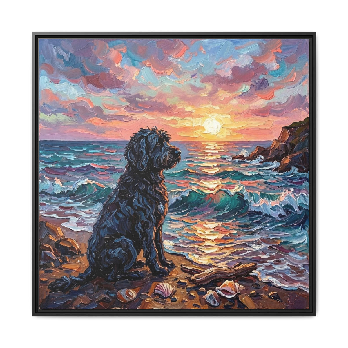 "Beach Days - Portuguese Water Dog" Framed Canvas Wall Art