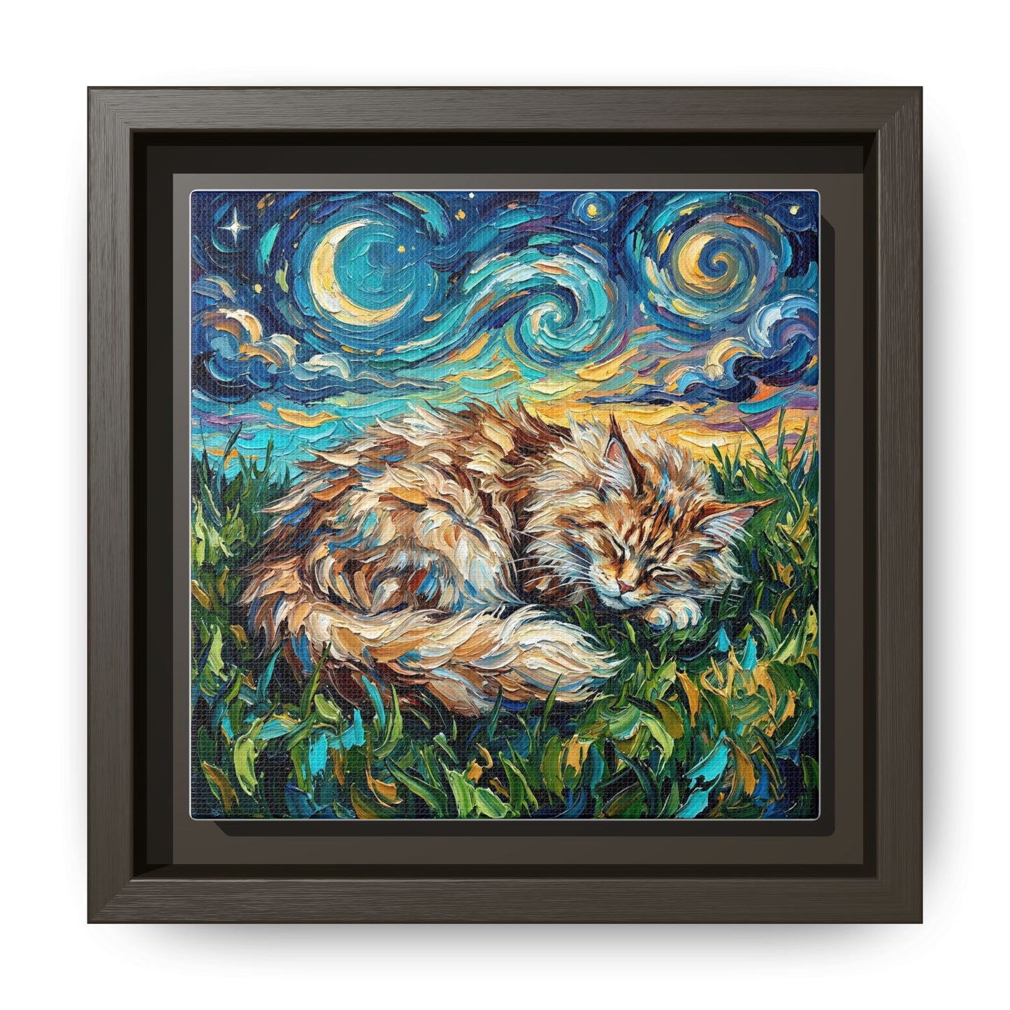 "Sleepy Maine Coon Night" Framed Canvas Wall Art