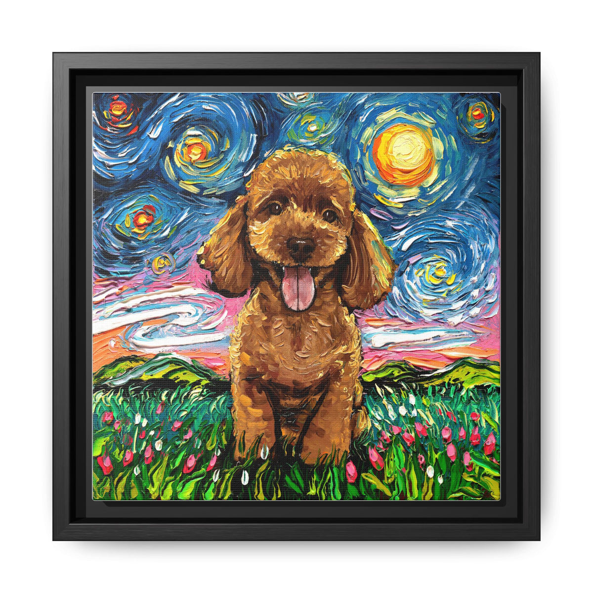 "Apricot Poodle Puppy Night" Framed Canvas Wall Art