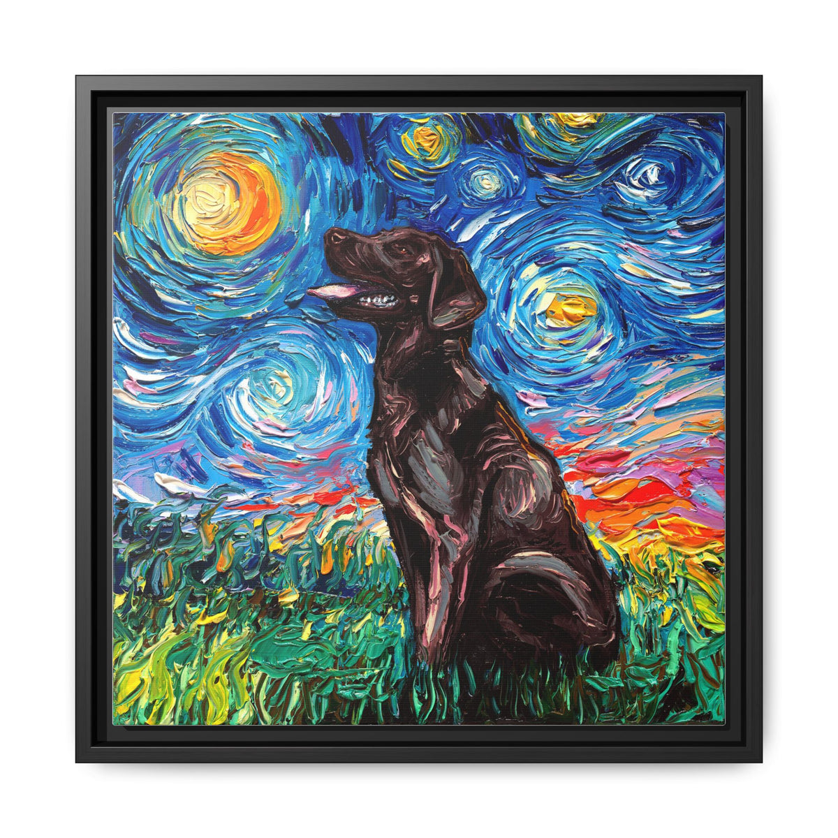 "Chocolate Labrador Night" Framed Canvas Wall Art
